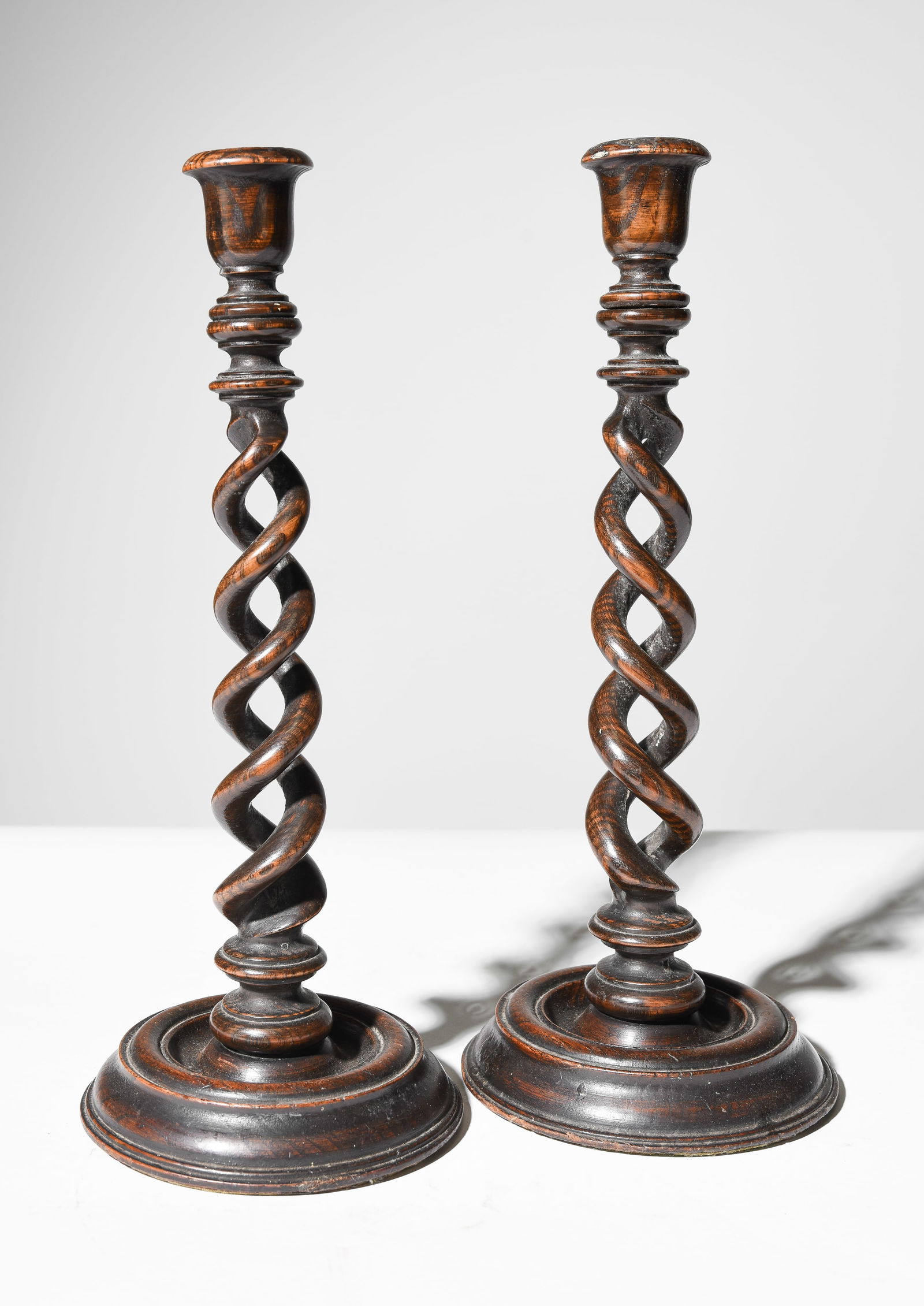 Pair of English Oak Open Barley Twist Candlesticks (1 of 5)