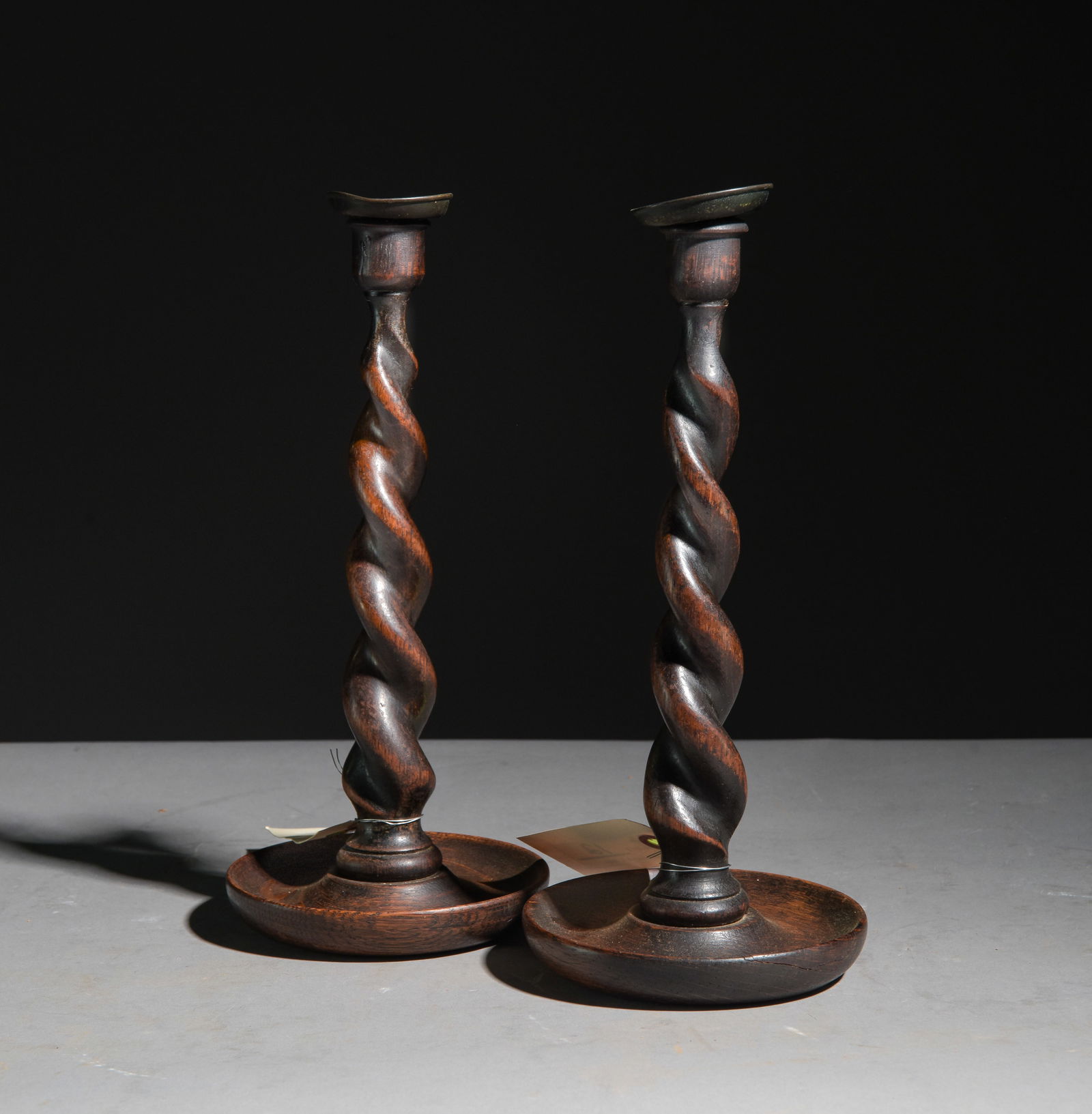 Pair of Tall Barley Twist Oak Candlesticks: Pair of Tall Barley Twist Oak Candlesticks c.1920's-30's - 12.25 in tall x 5.75 inch diameter each