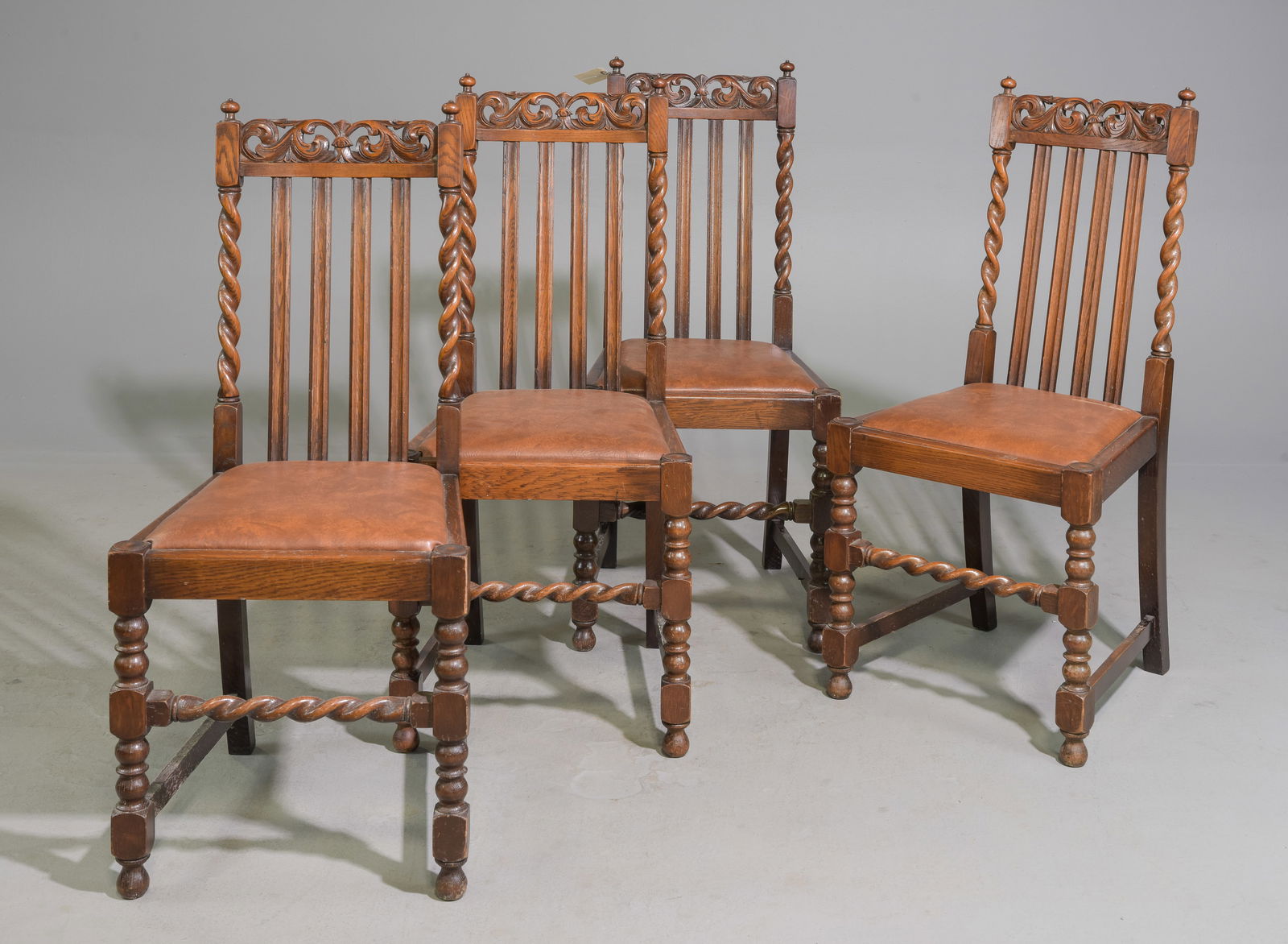 Set of 4 British Oak Barley Twist Dining Chairs c.1920's (1 of 5)