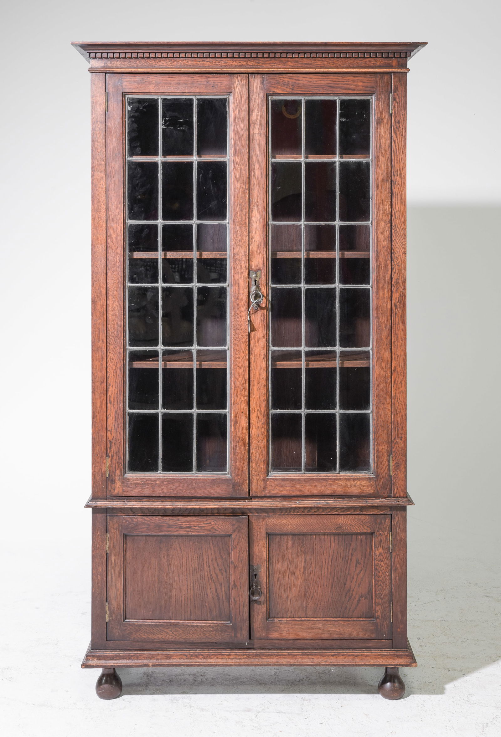 British Oak Leaded Glass Double Door Bookcase (1 of 7)