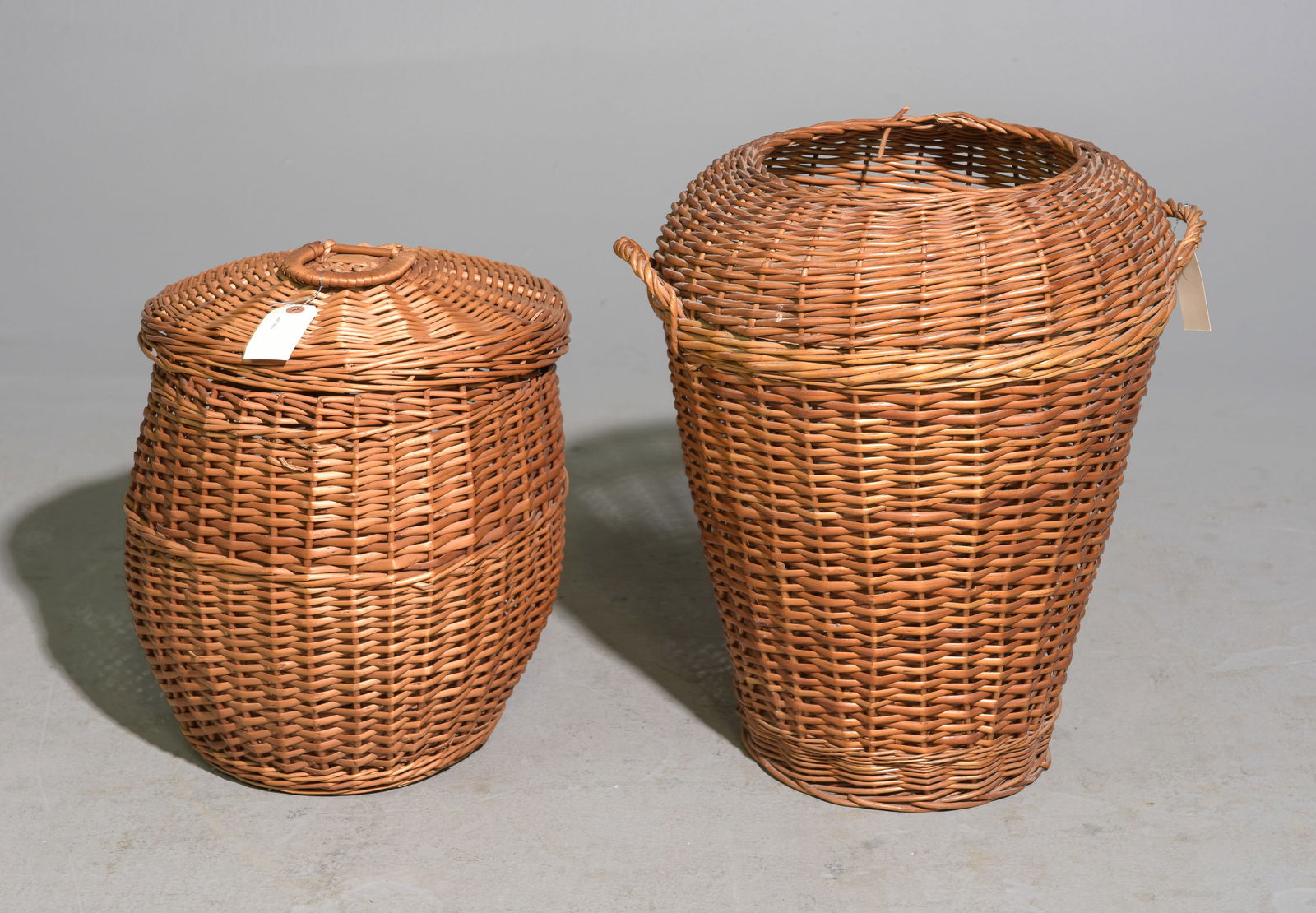Two Tall Woven Wicker Baskets / Hampers (1 of 4)