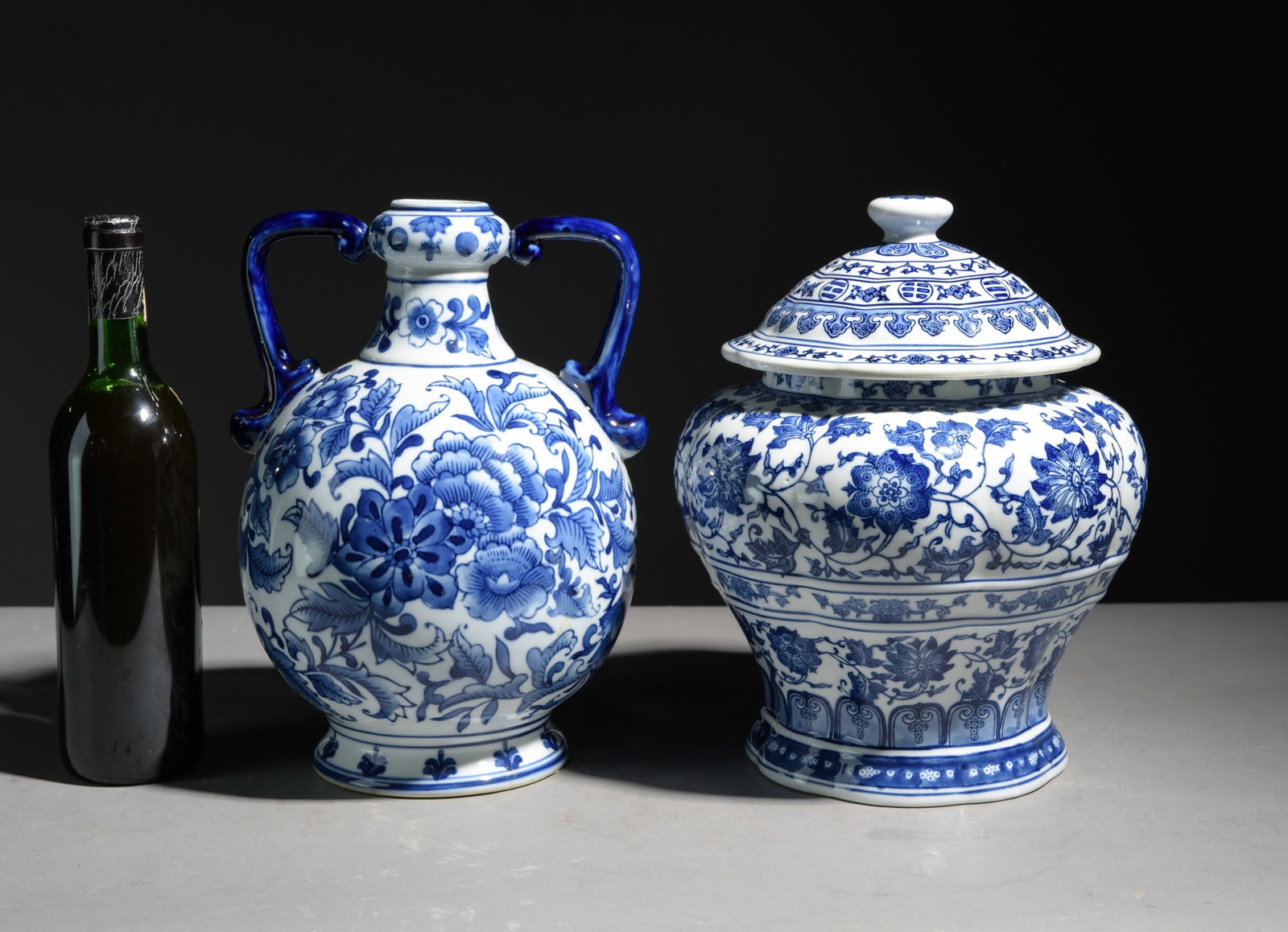 Blue & White Urn with Lid & Vase: Blue & White Urn with Lid & Vase - 13 in tall x 10 x 8 and 12 in tall x 10 inch diameter