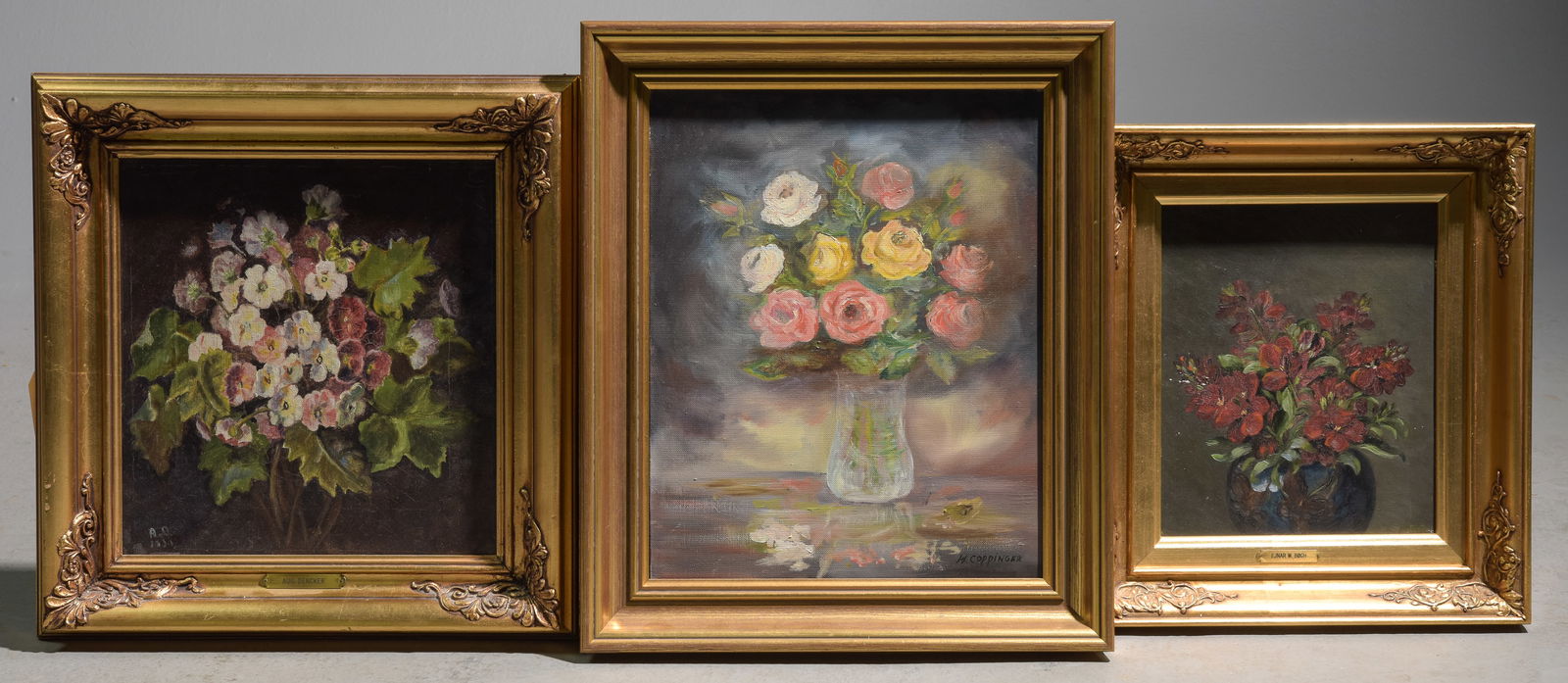 3 Danish Gold Framed Oil on Canvas Floral Still Lifes: 3 Danish Gold Framed Oil on Canvas Floral Still Lifes - 15.25 in tall x 13.5 x 2, 17 in tall x 16.25 x 3 and 18.75 in tall x 15.75 x 2.25
