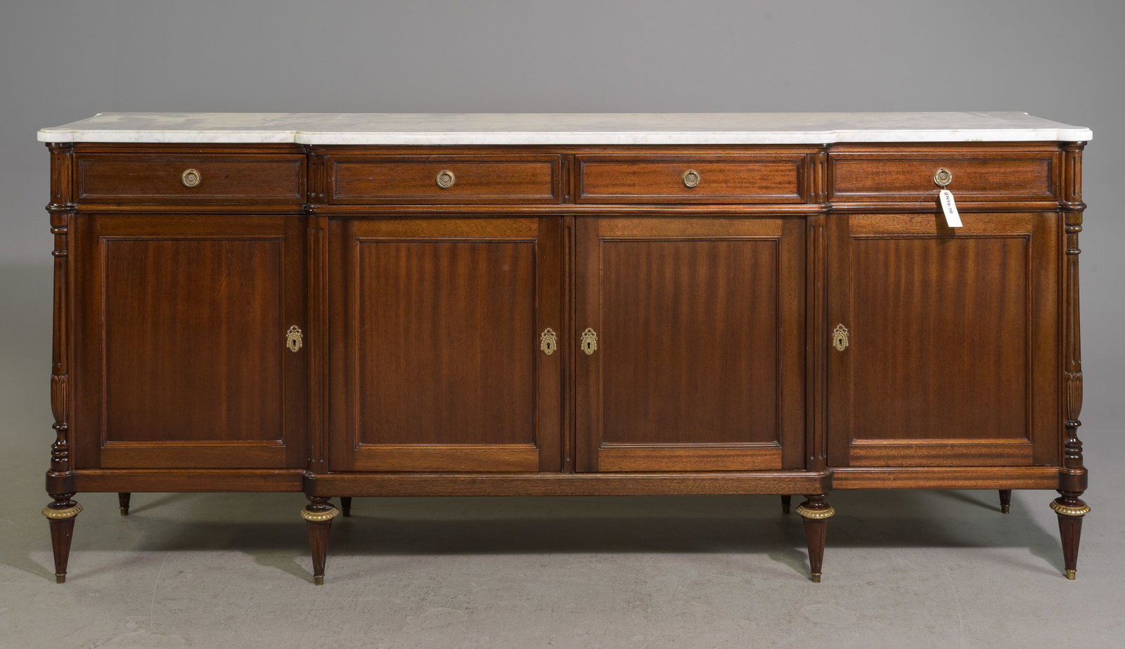 Louis XVI Style White Marble Top Sideboard: French Louis XVI Style White Marble Top Mahogany Sideboard - 39 in tall x 89.5 x 20.5 - This is 7.4 feet long