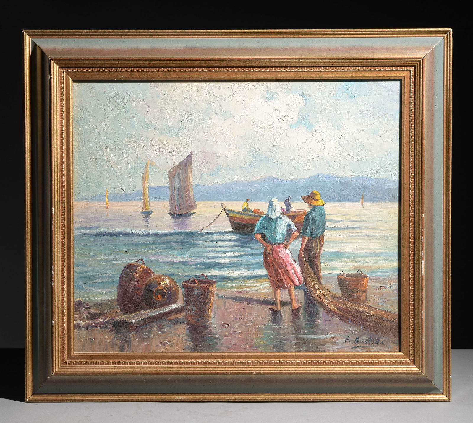 Gold & Painted Framed Oil on Canvas Beach Scene (1 of 4)