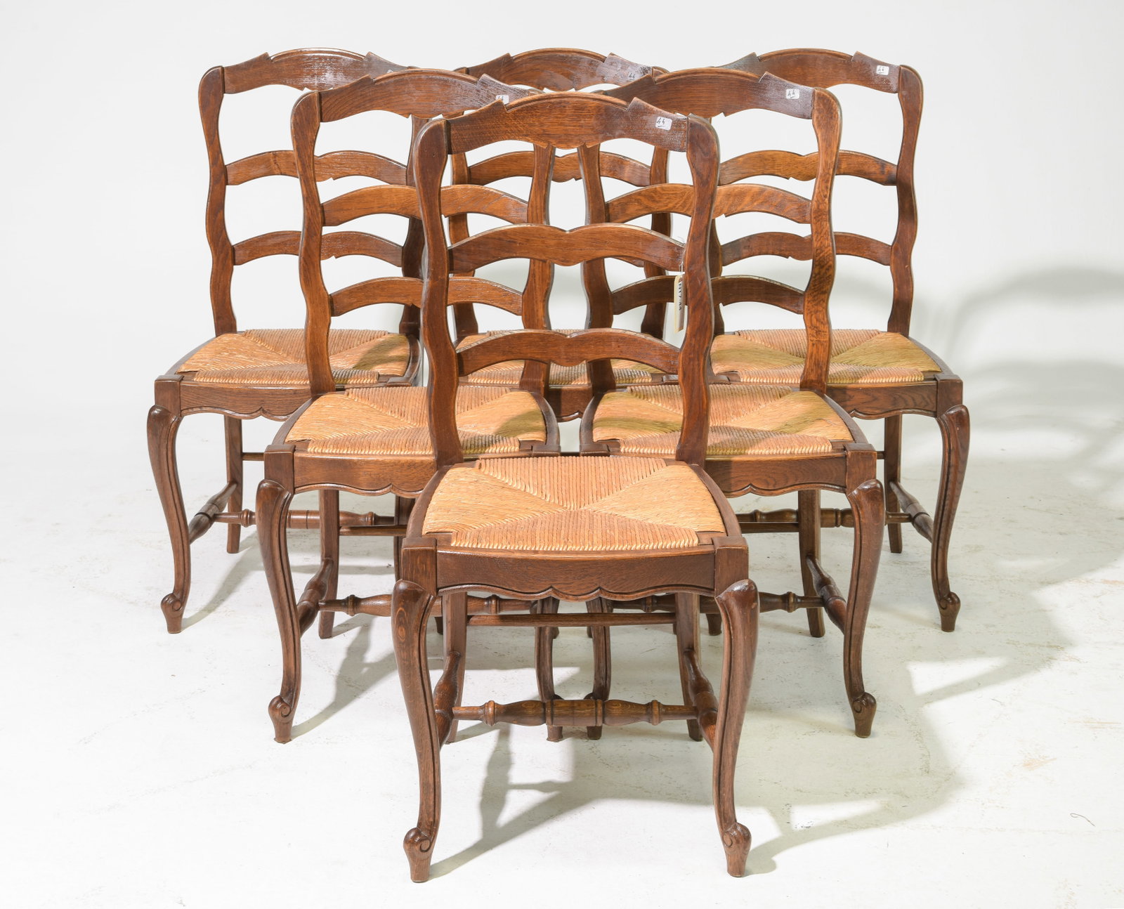 Set of 6 Country French Oak Rush Seat Chairs: Set of 6 French Louis XV Style Oak Rush Seat Chairs - 37.5 in tall x 18 x 19, Seat height is 18 inches