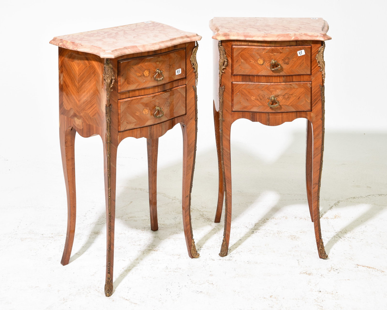 2 Louis XV Style Inlaid Marble Top Chests: 2 French Louis XV Style Inlaid Marble Top Occasional Chests / Nightstands - 28 in tall x 16 x 11 each