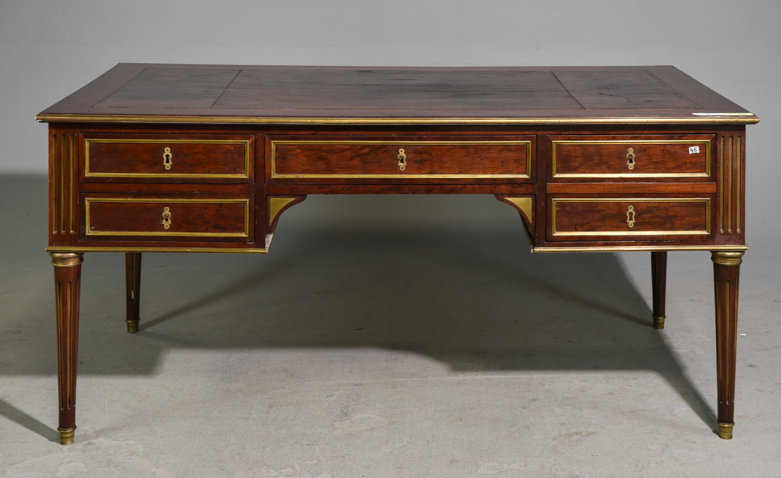 Louis XVI Style Mahogany Leather Top Desk: French Louis XVI Style Mahogany Leather Top Desk - 30.5 in tall x 63.5 x 34.5, Kneehole is 22.25 inches