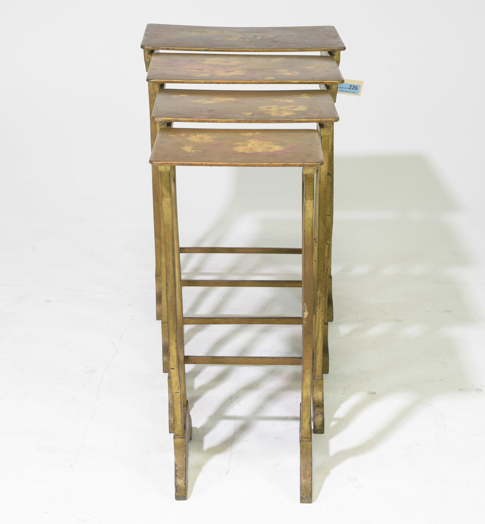 French Painted Nest of 4 Tall Tables: French Painted Nest of 4 Tall Tables - 28 in tall x 20 x 13, 27.5 in tall x 17 x 12, 27 in tall x 14.5 x 11 and 26 in tall x 12.5 x 8