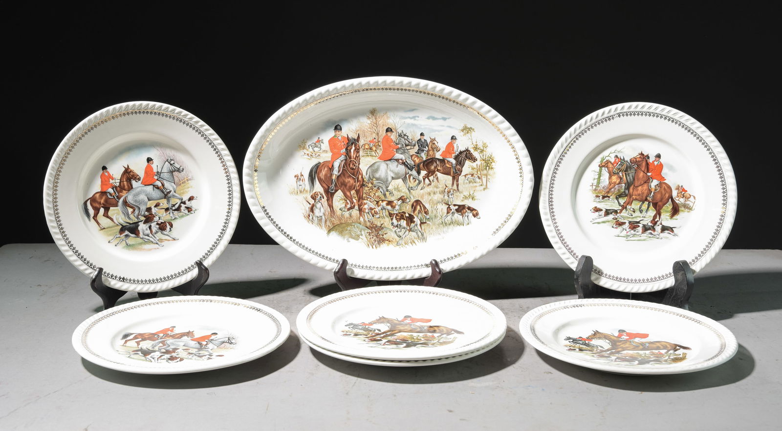7pc English Hunt Scene Plate Set - Platter & 6 Plates (1 of 3)