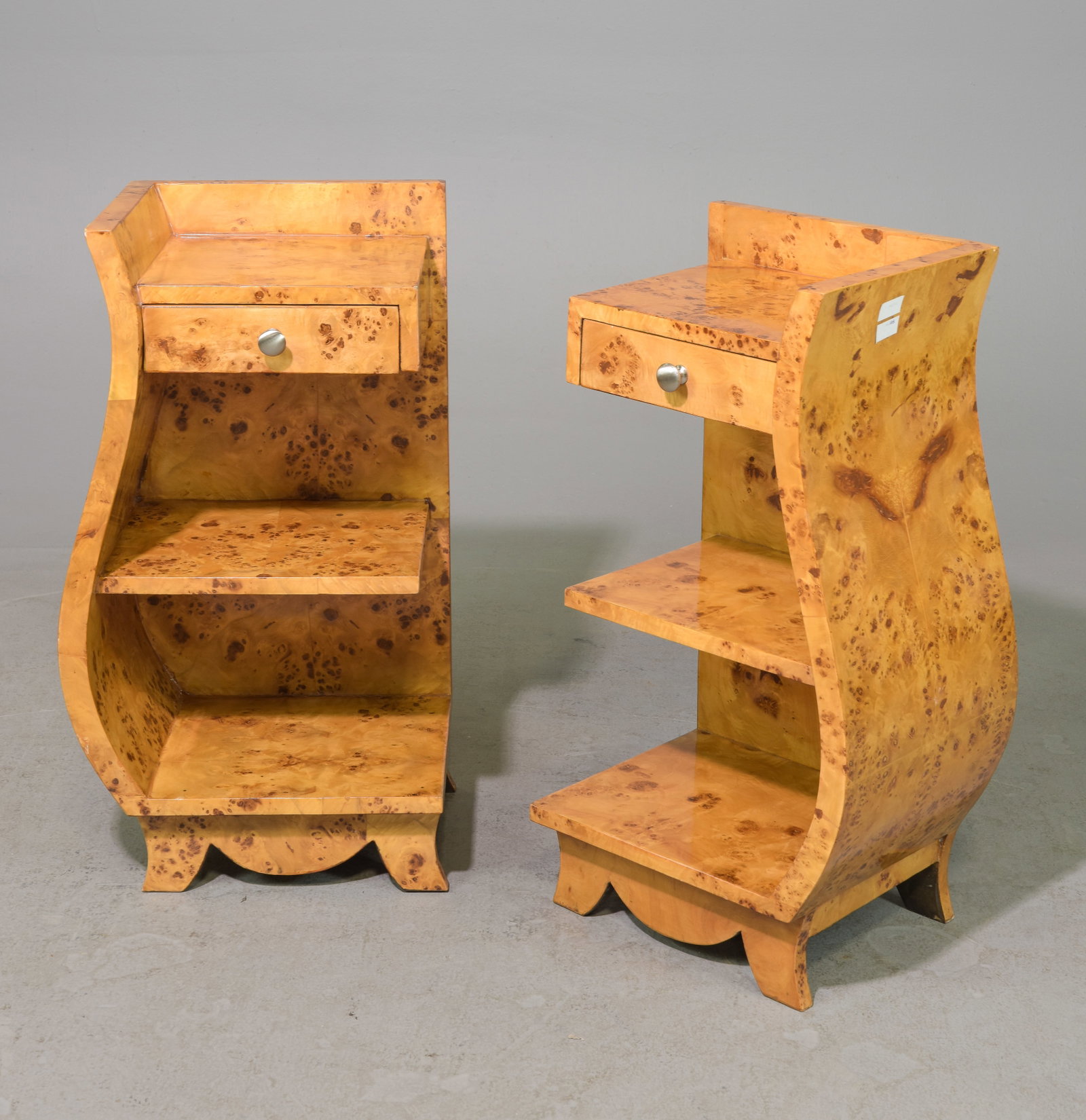 2 Art Deco Style Burled Left & Right Nightstands: 2 Art Deco Style Burled Left & Right Nightstands / Occasional Tables - 29 in tall x 16 x 12 each