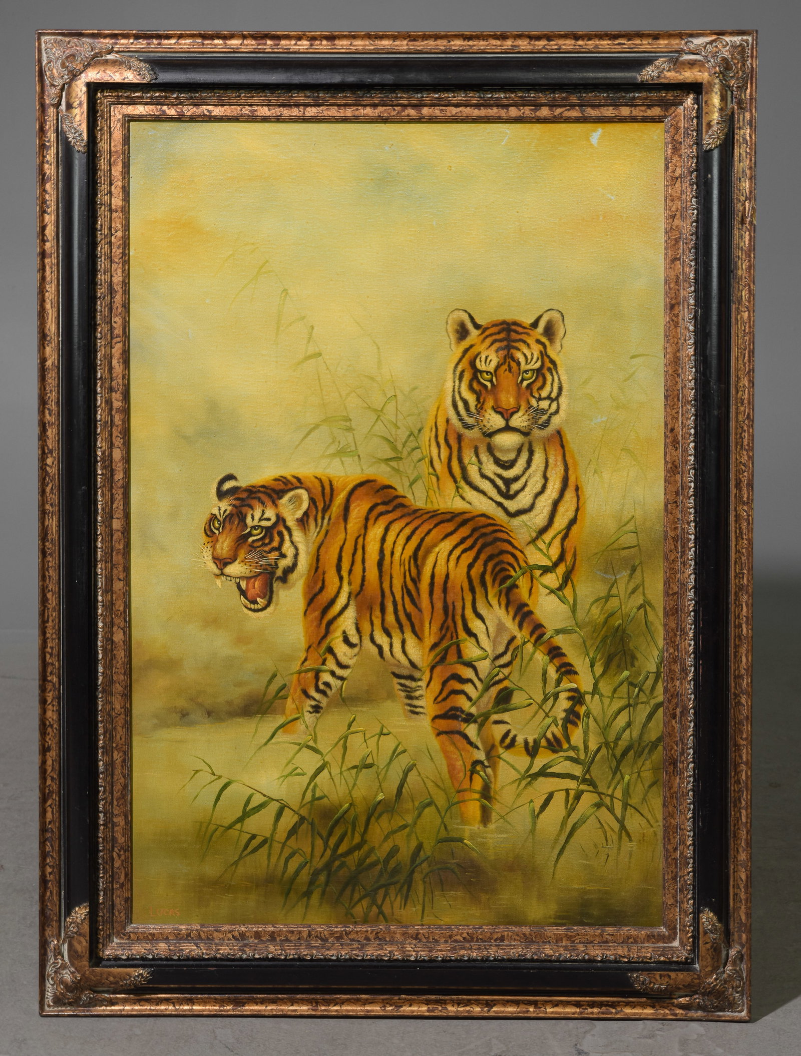 Framed Giclee on Canvas - 2 Tigers in Field: Framed Giclee on Canvas - 2 Tigers in Field - 43 in tall x 31.5 x 1.5, The art itself is 36 x 24
