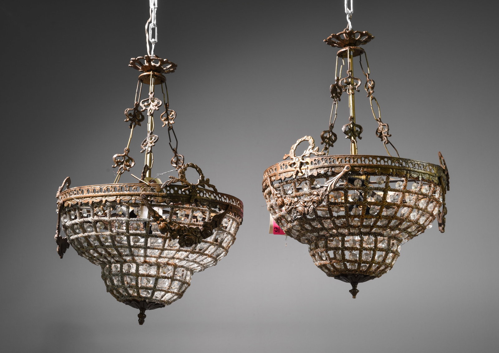 Pair of Empire Style Basket Chandeliers: Pair of Empire Style Basket Chandeliers - 22 in tall x 15 inch diameter
