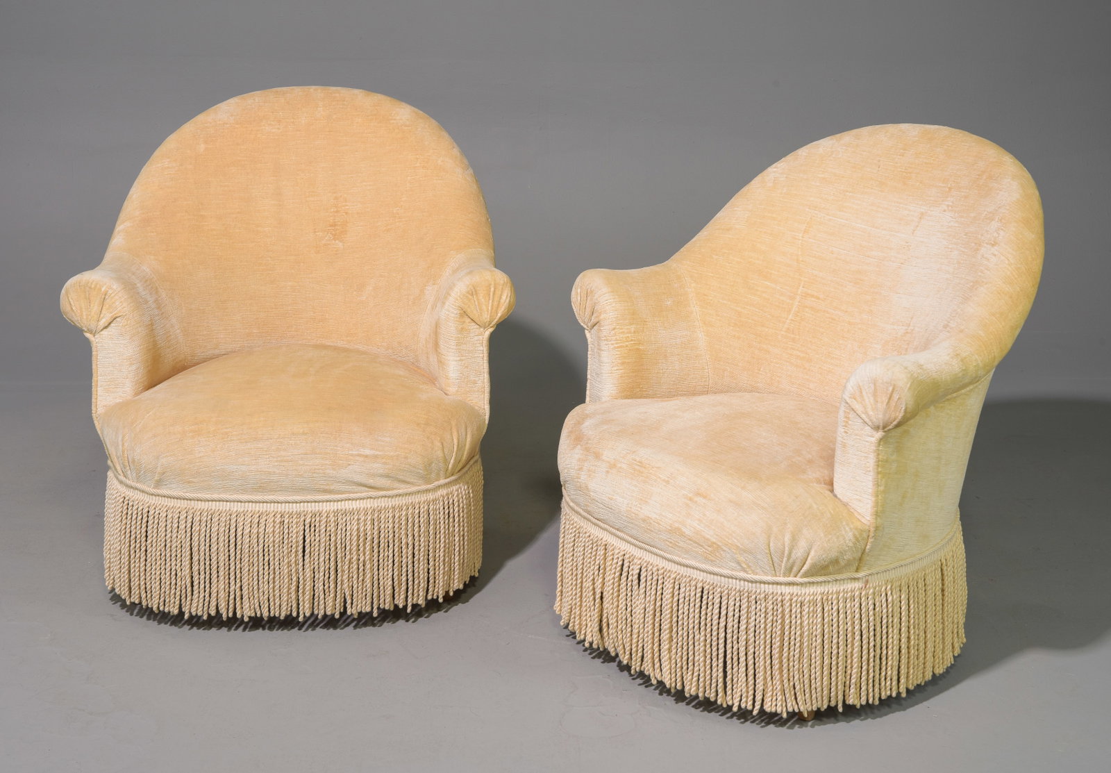 Pair of French Crapeau Cream Boudoir Chairs: Pair of French Crapeau Cream Bergere / Boudoir Chairs - 31 in tall x 27.5 x 28, Seat height is 13 inches