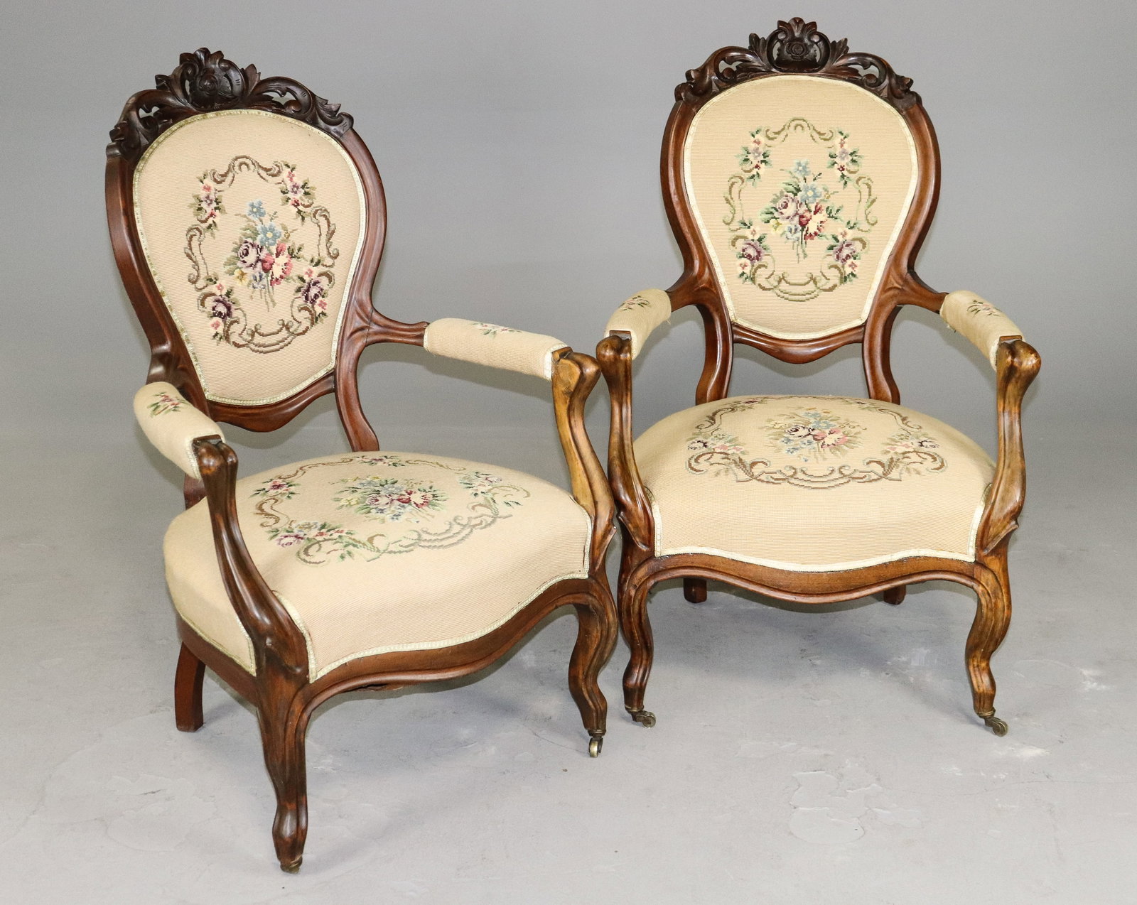 Pair Of Upholstered Walnut Arm Chairs: Pair Of Upholstered Walnut Arm Chairs - 42 in tall x 26 x 23, Seat height is 17 inches