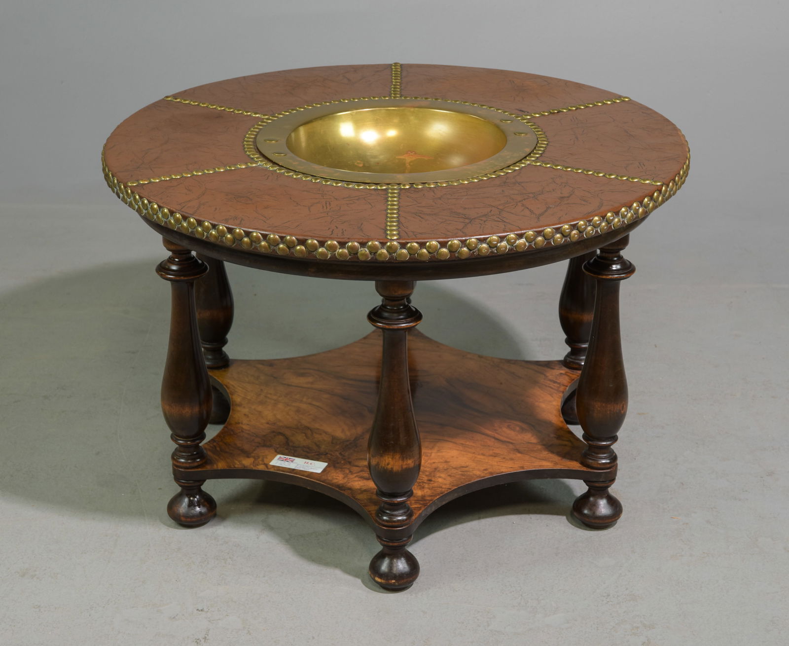 British Round Leather Top Coffee Table c.1920's (1 of 3)