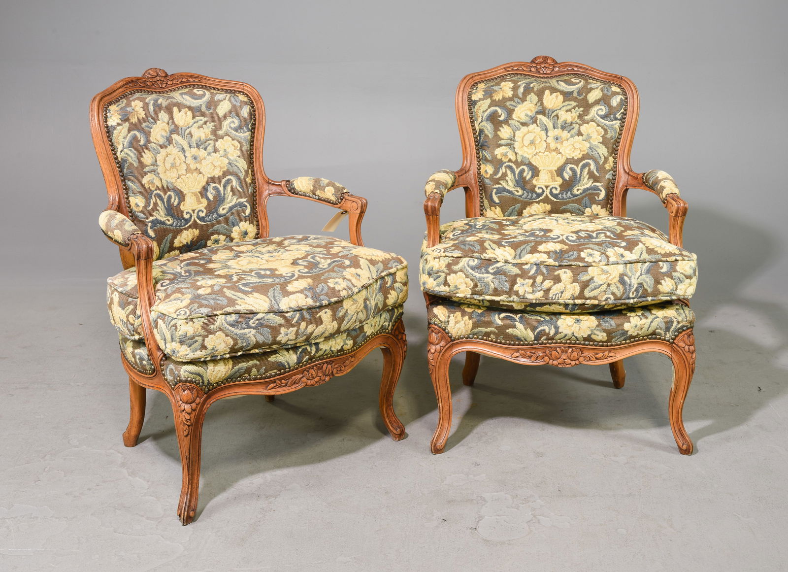 Pair Of Louis XV Style Walnut Upholstered Arm Chairs (1 of 5)