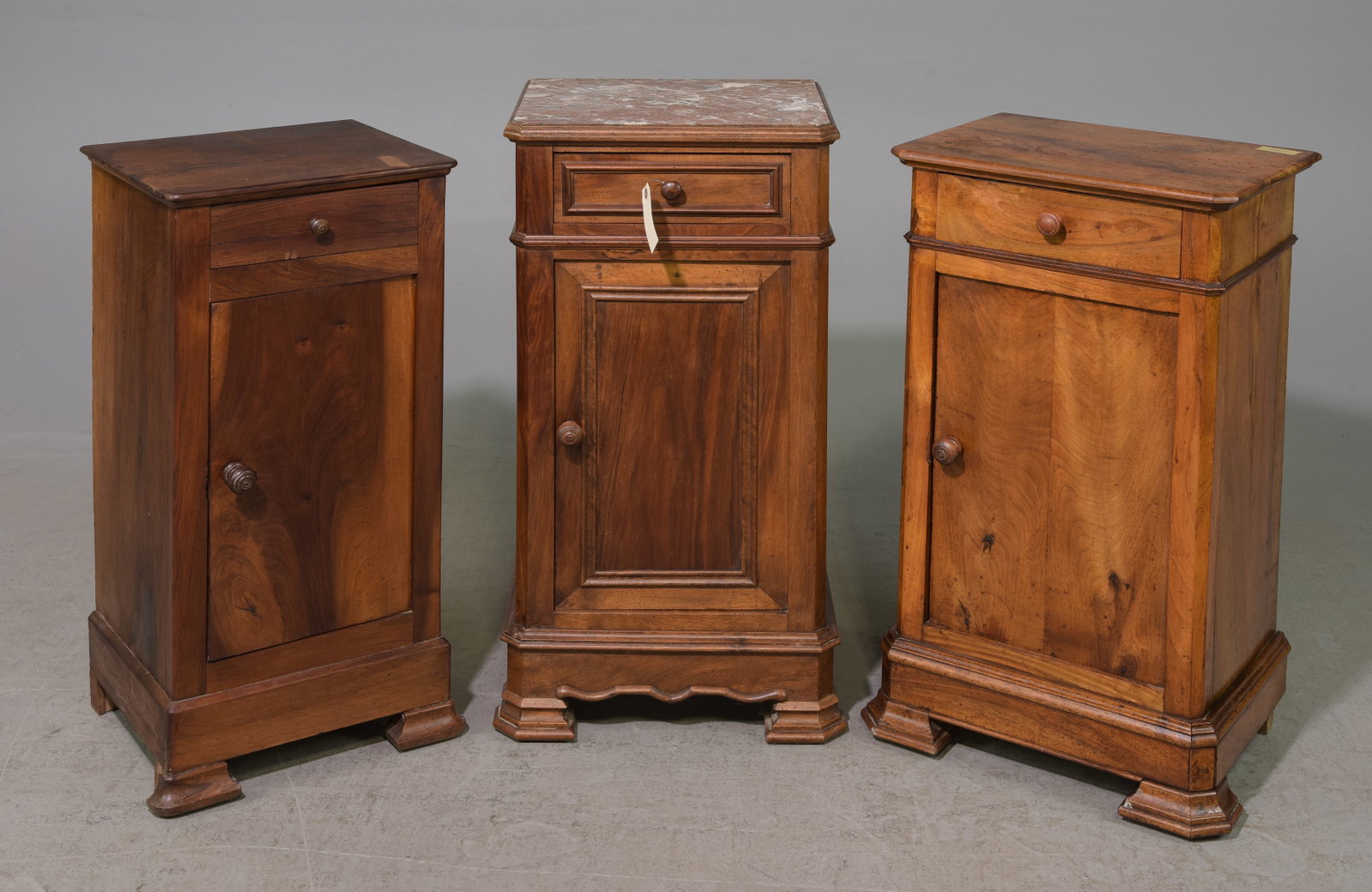 Three Louis Philippe Style Nightstands: Three Louis Philippe Style Nightstands - 29.5 in tall x 15.5 x 13, 31.5 in tall x 17 x 14 and 30 in tall x 17 x 13