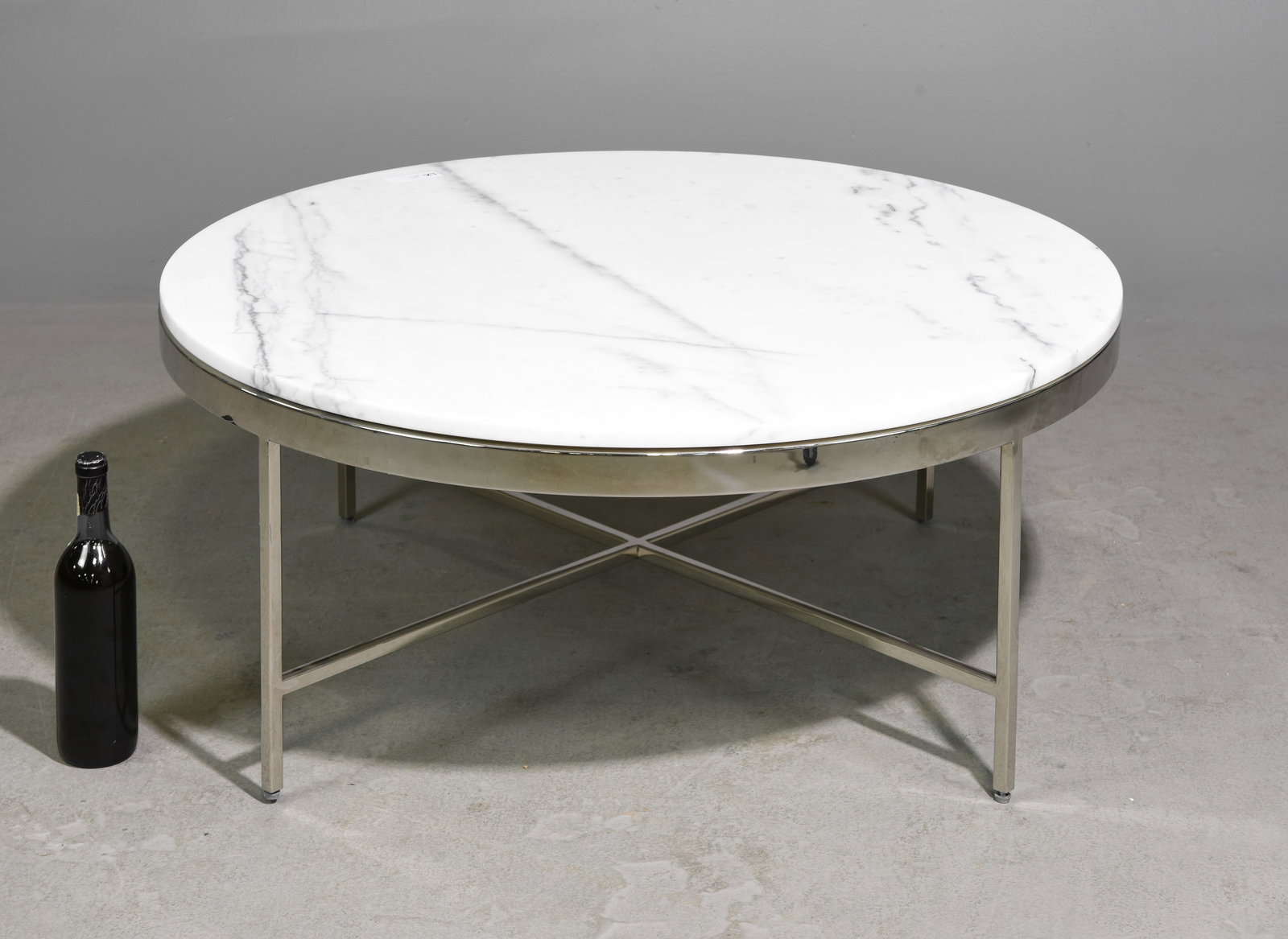 Mitchell Gold & Bob Williams Chrome Cocktail Table: Mitchell Gold & Bob Williams Round White Marble Top Chrome Cocktail / Coffee Table - 16 in tall x 38.5 inch diameter