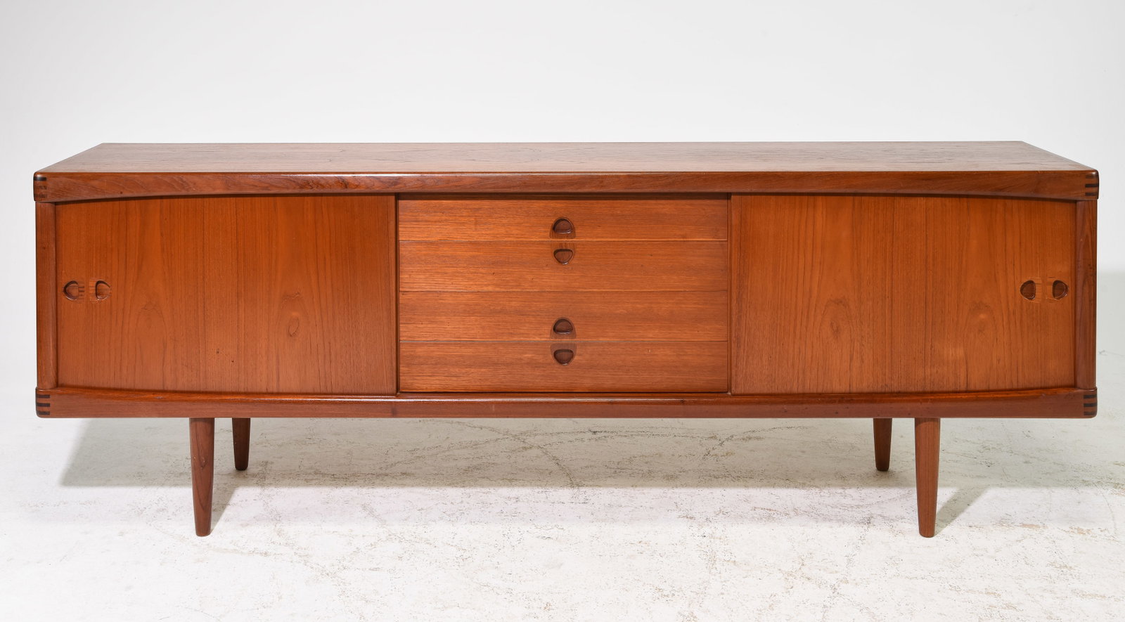 Danish Modern Teak Sideboard by H W Klein for Bramin: Mid Century Modern Teak Credenza from Denmark by H W Klein for Bramin - 32 in tall x 88 x 17.5 - This features dovetailed joints Bramin crafted some of Denmark's most coveted furniture during the mid 