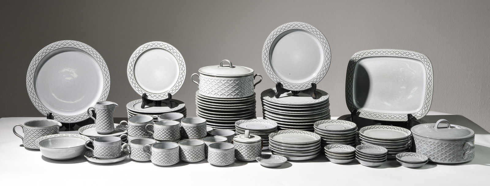 117pc Danish Cordial Grey Stoneware China Set: 117pc Danish Cordial Grey Stoneware China Set - Largest piece is 5 in tall x 12.75 x 11.5