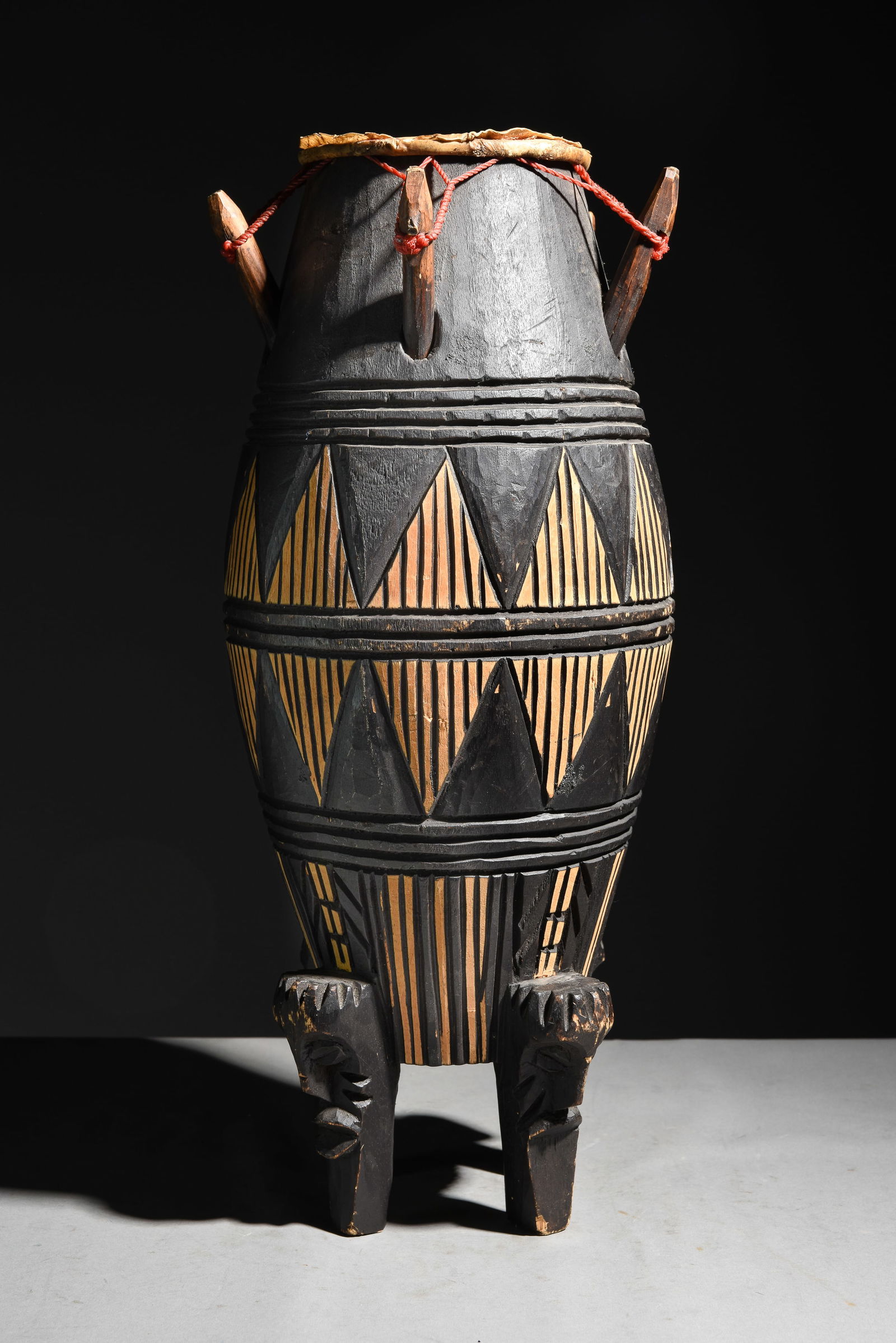 Tiki / Polynesian Style African Gimbe Drum: Tiki / Polynesian Style African Gimbe Drum- 21.5 in tall x 9.25 inch diameter