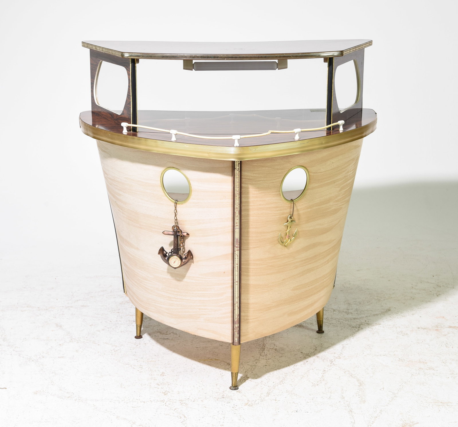 Mid Century Modern Boat Shaped Tiki Style Cocktail Bar: Danish Modern Style Boat Shaped Tiki Style Cocktail Home Bar - 42 in tall x 39 x 29