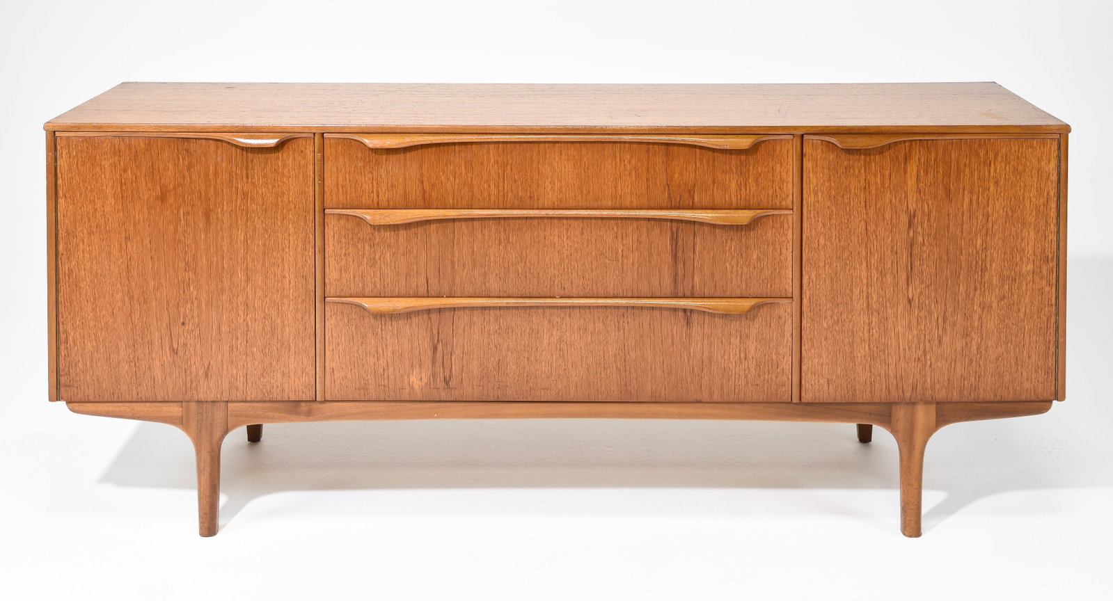 Mid Century Modern Teak Sideboard with folded handles: Danish Modern Style Teak Credenza with Folded Handles - Made in England by Sutcliffe - 30.5 in tall x 72 x 17.5
