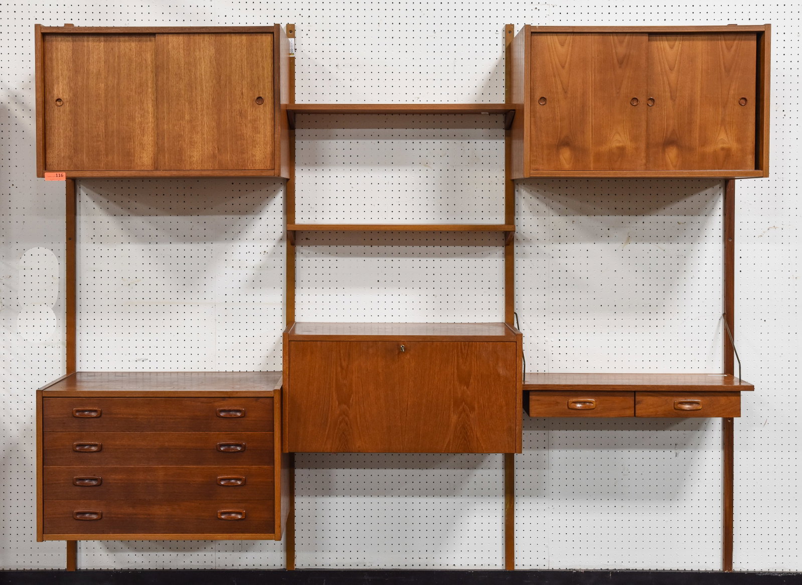 3 Bay Mid Century Danish PS / Cado Style Wall Unit: 3 Bay Danish Mid Century Modern Teak Wall Unit / Wall System - Similar in design to PS Systems & Poul Cadovius ( Cado) shelving units, we are unable to positively identify this unit. Consists of two s