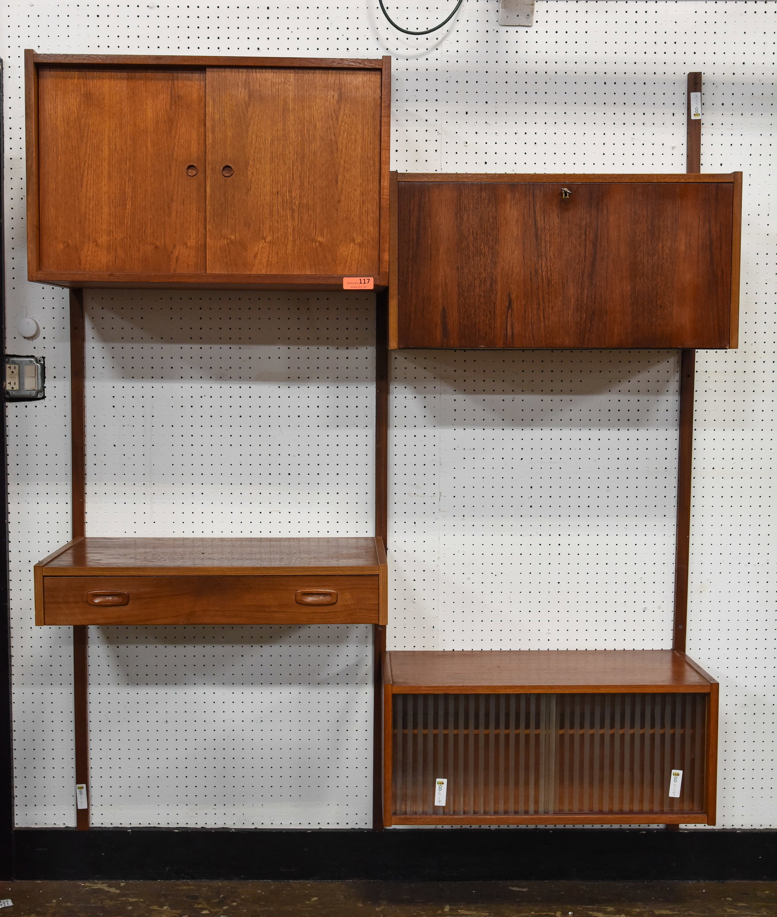 2 Bay Mid Century Danish PS / Cado Style Wall Unit: 2 Bay Danish Mid Century Modern Teak Wall Unit / Wall System - Similar in design to PS Systems & Poul Cadovius ( Cado) shelving units, we are unable to positively identify this unit. Consists of 1 sli