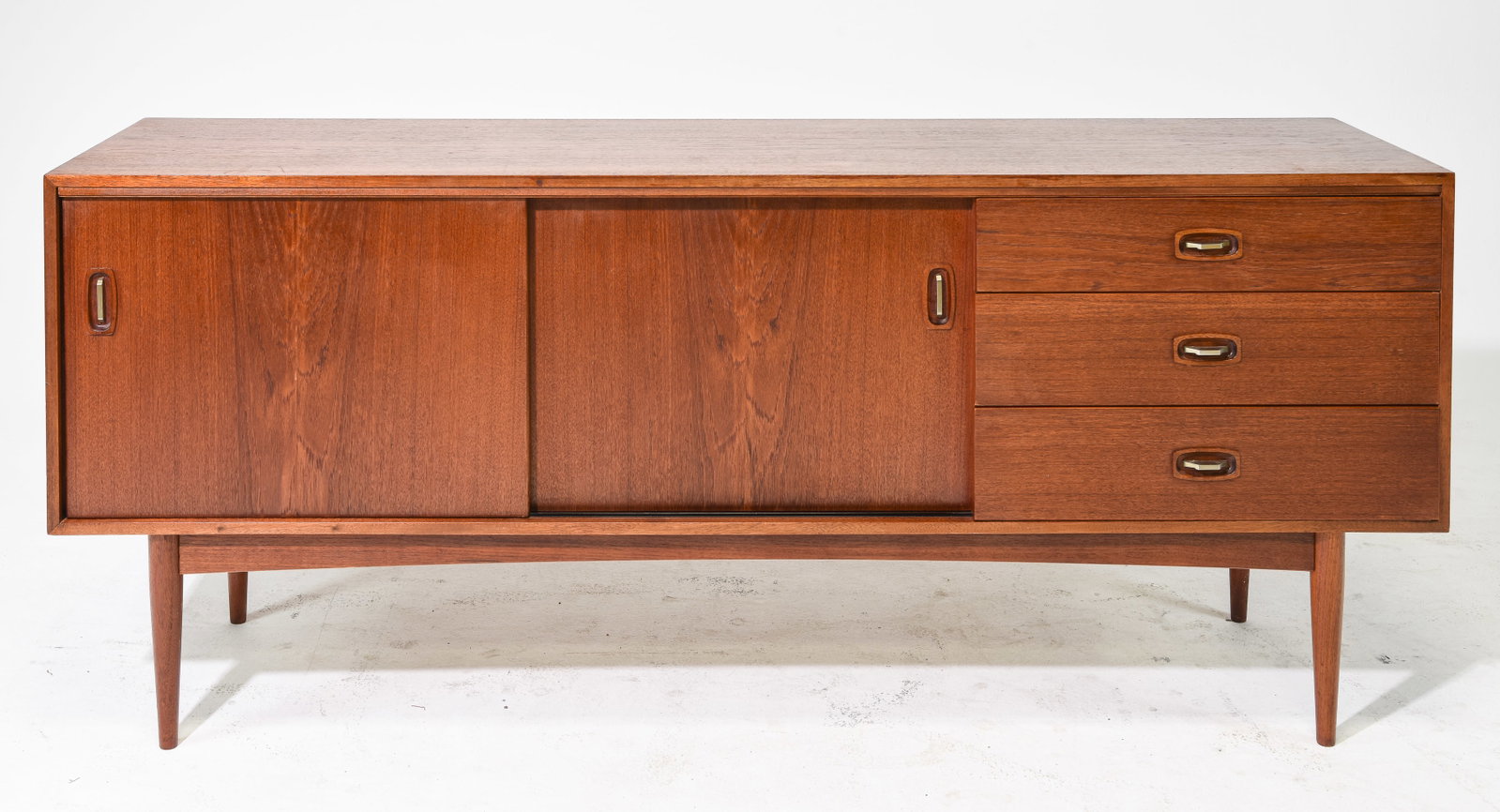 Mid Century Modern Sliding Door Sideboard: Danish Modern Style Teak Sliding Door Sideboard by Austinsuite - 31 in tall x 72 x 18