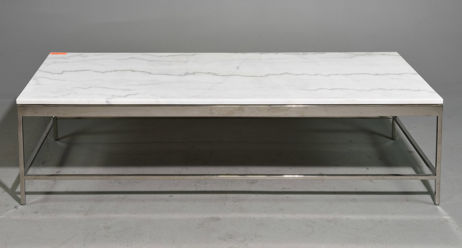 Mitchell Gold & Bob Williams Chrome Cocktail Table: Mitchell Gold & Bob Williams Chrome Cocktail / Coffee Table with White Marble Top - 15.5 in tall x 58 x 24