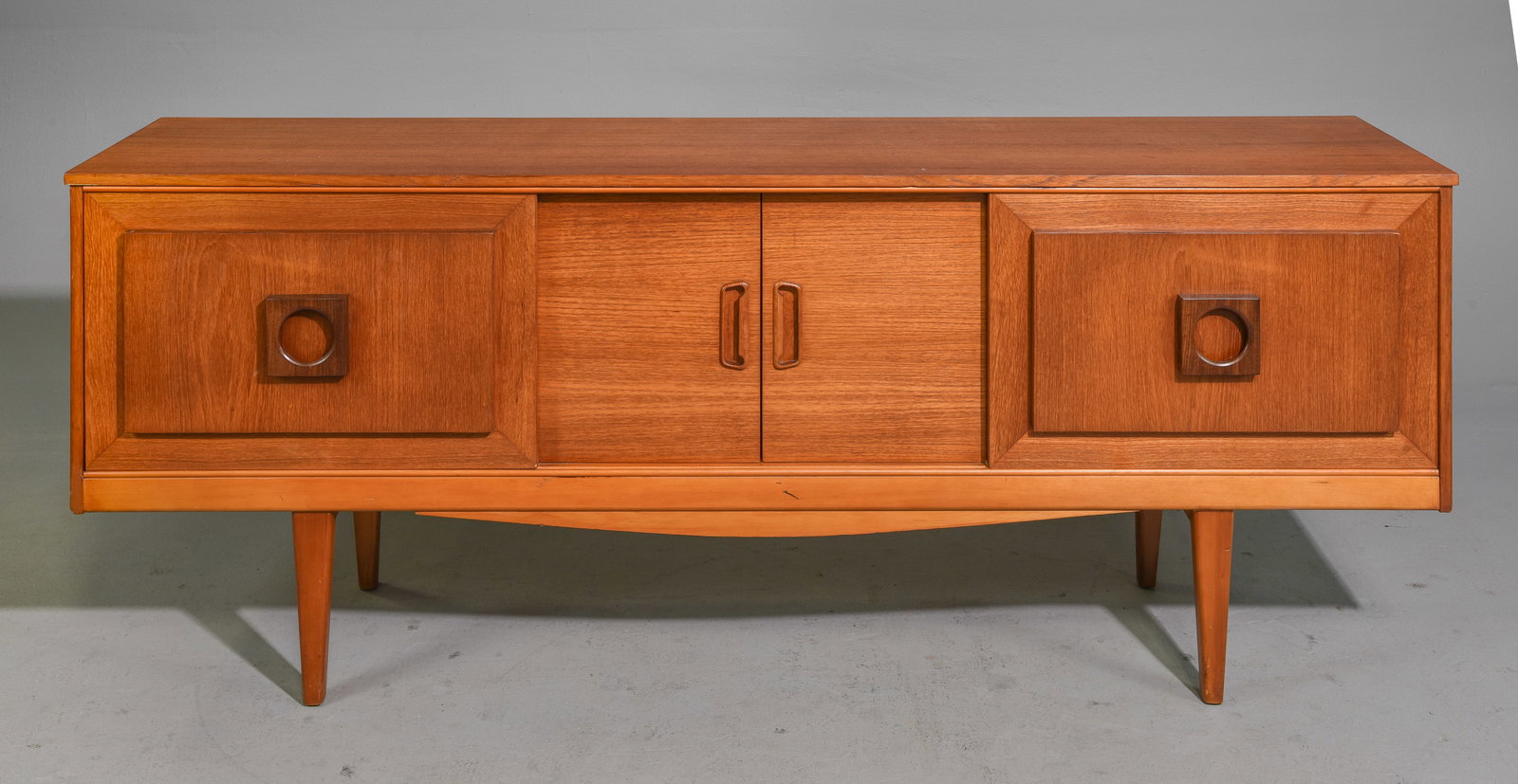 Mid Century Modern Sliding Door Sideboard: Danish Modern Style Teak Sliding Door Sideboard with Square Pulls - 29 in tall x 72 x 16