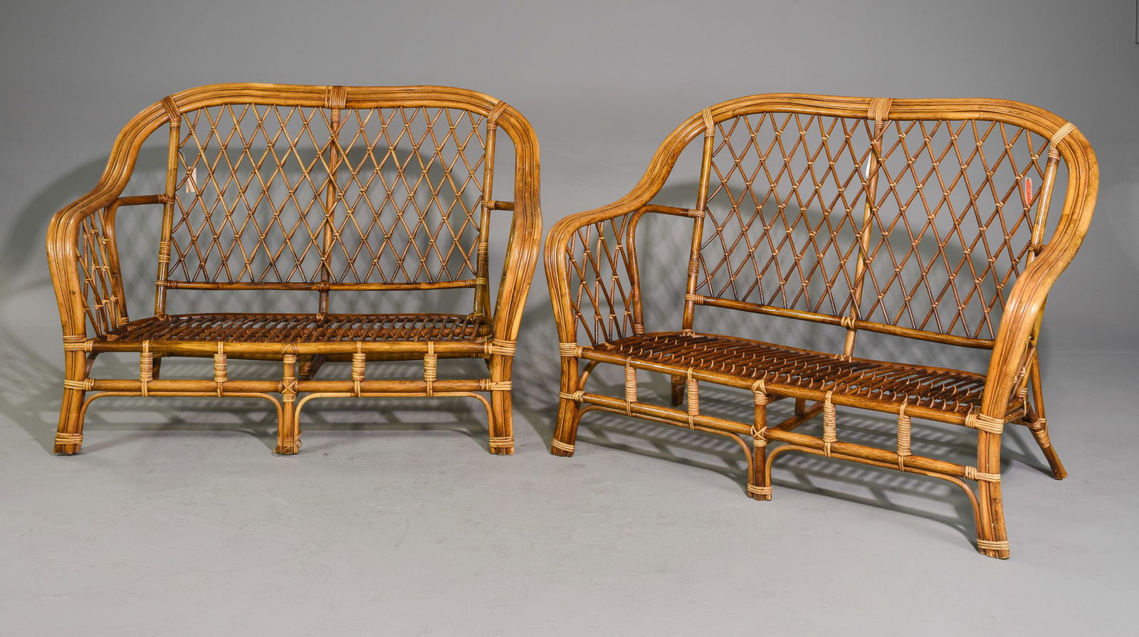 2 Bamboo Tiki Style Two Seater Sofas / Settees: 2 Bamboo / Tiki Style Two Seater Sofas / Settees - 39 in tall x 53 x 34, Seat height is 13 inches