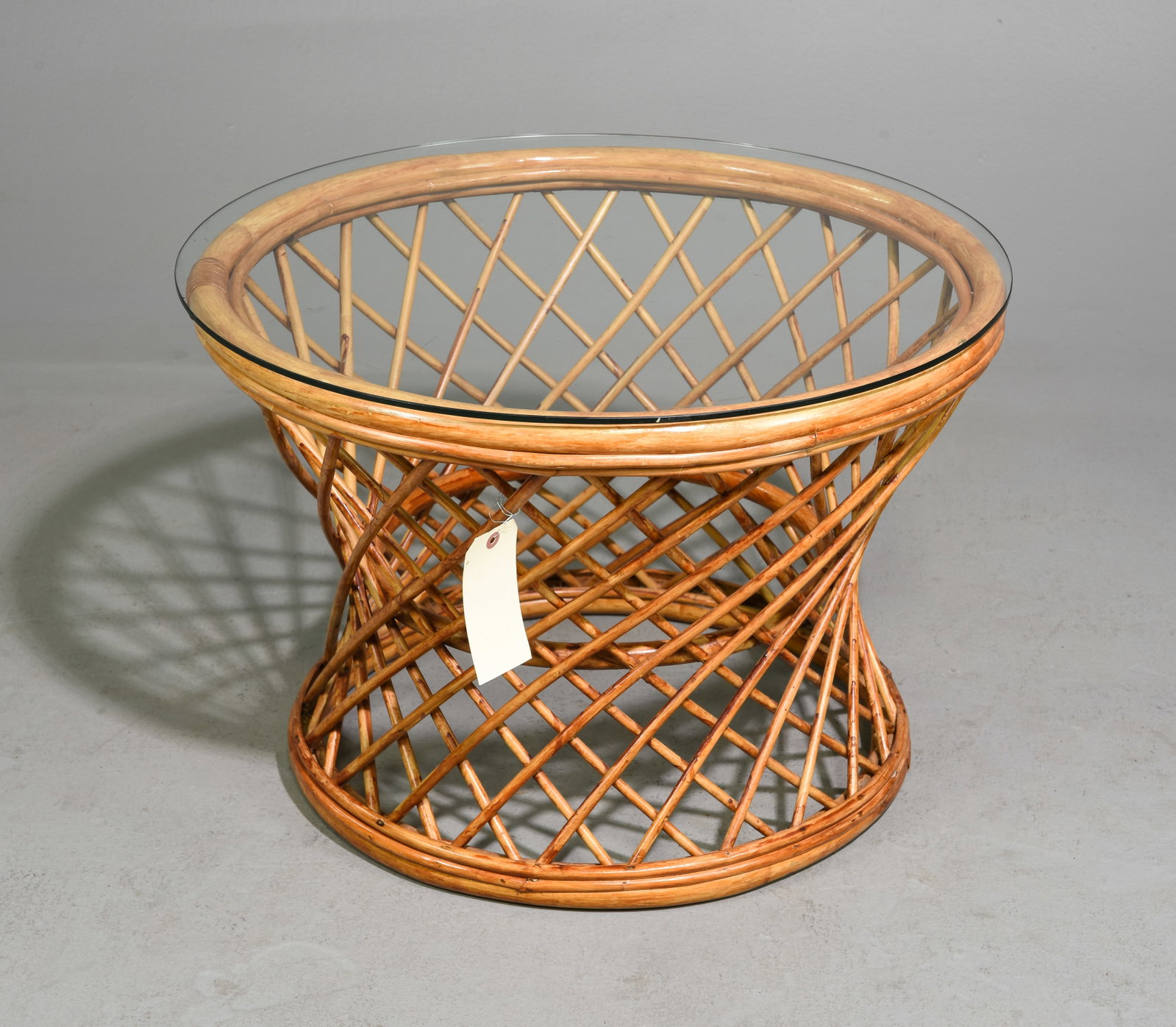 Bamboo Tiki Style Round Glass Top Coffee Table: Bamboo / Tiki Style Round Glass Top Coffee / Occasional Table - 18 in tall x 26.5 inch diameter