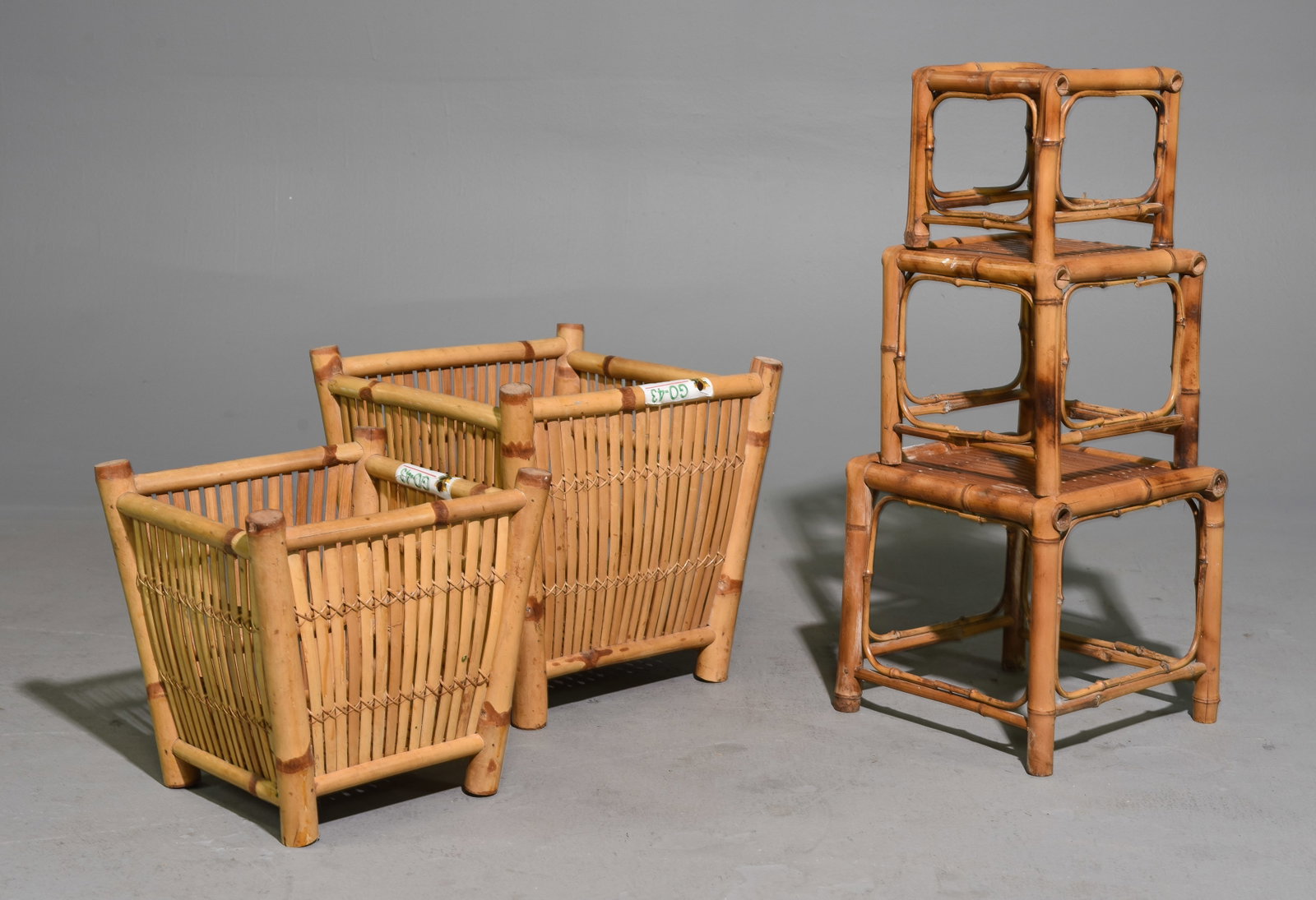 2 Bamboo Tiki Style Planters & Nest of 3 Tables: 2 Bamboo Tiki Style Planters / Waste Bins & Nest of 3 Tables - 17 in tall x 16 x 16 and 12 in tall x 12.5 x 12.5