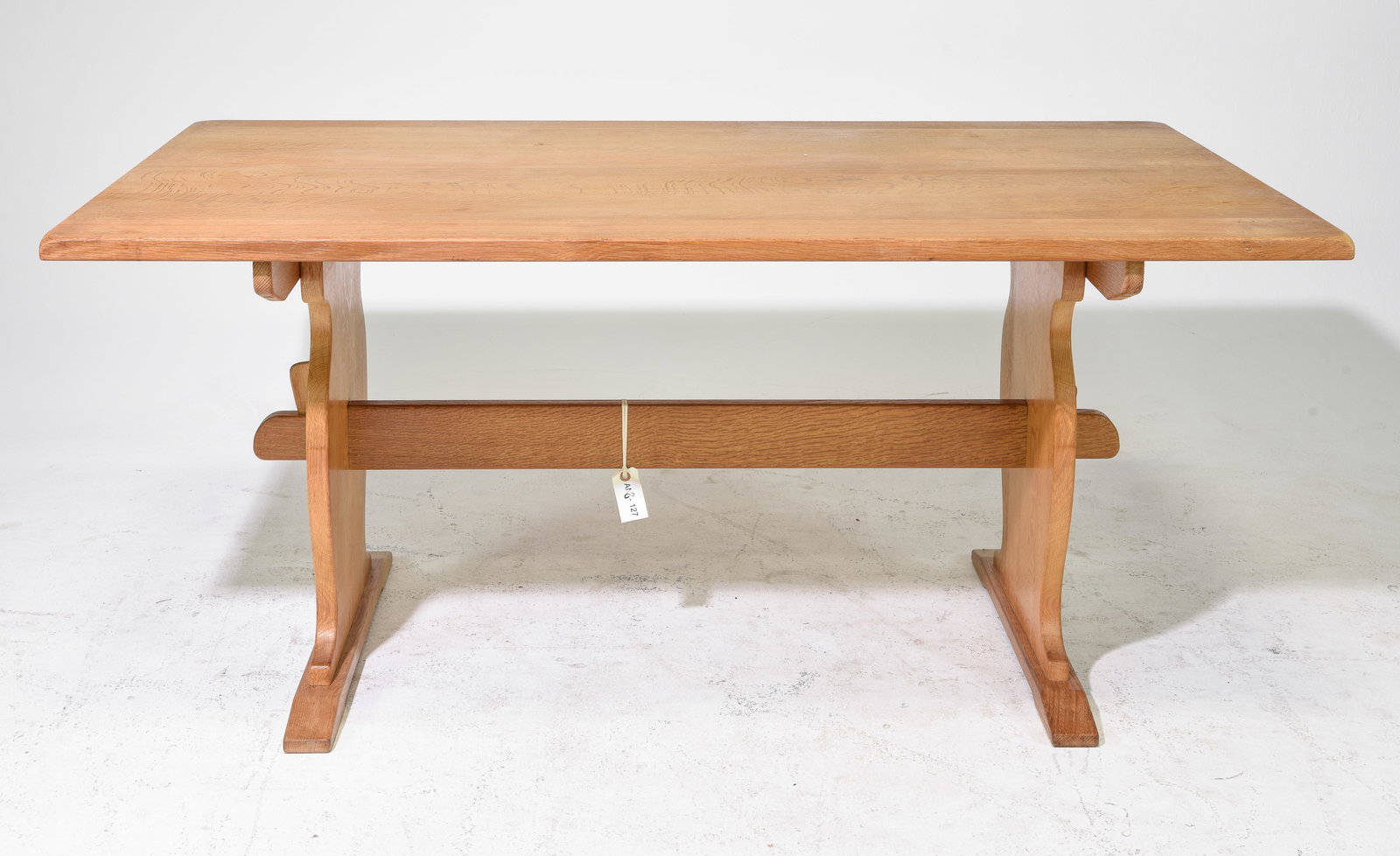 Danish Oak Trestle Base Dining Table: Danish Oak Trestle Base Dining Table With Leaves - 29 inches tall x 63 x 36, leaves are 20 inches each - Similar in style to / possibly by : S. Thrane & Son / Henning Kjaernulf / Guillerme & Chambron.