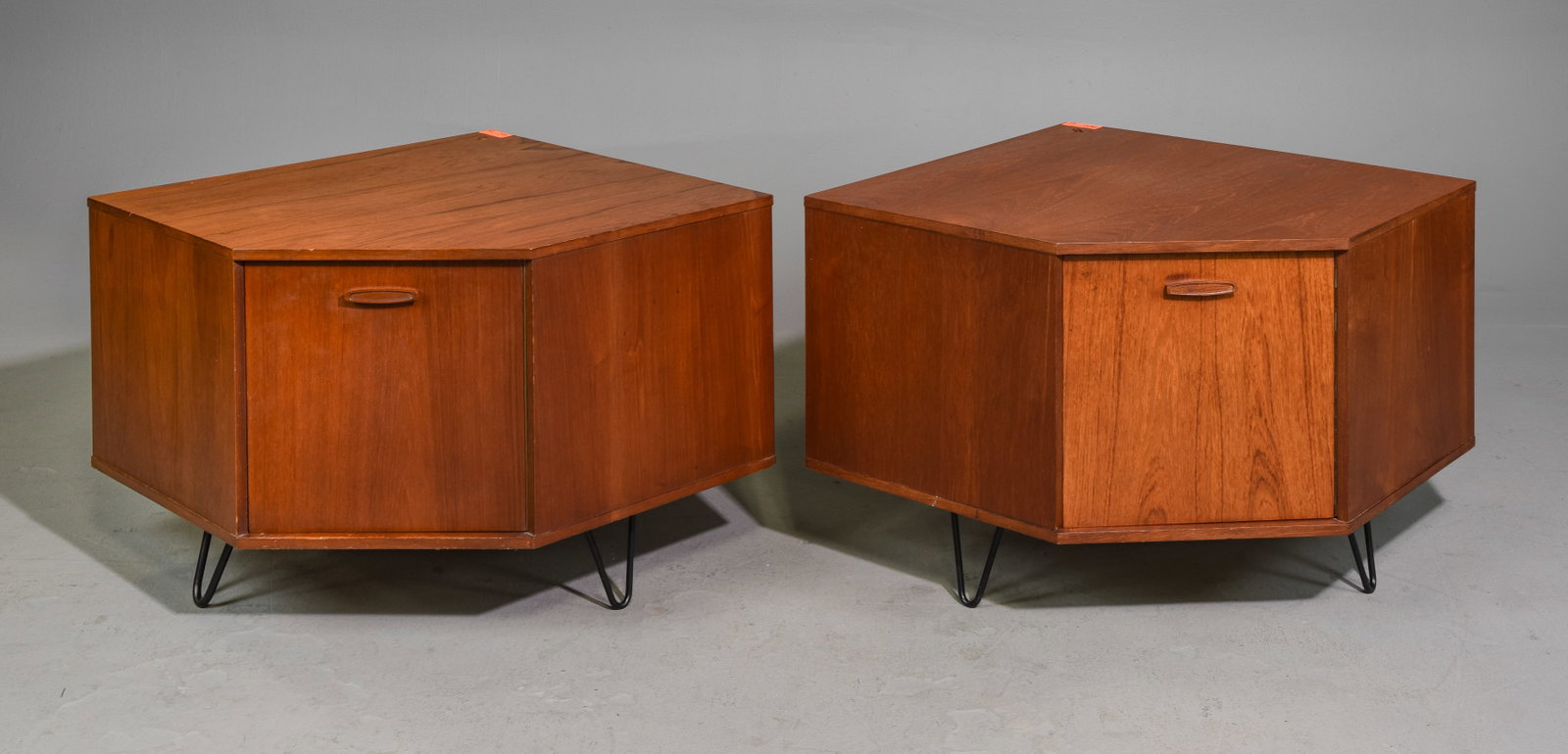 2 Mid Century Modern Corner Cabinets - Avalon: 2 Danish Modern Style Corner Cabinets / Tables on Hair Pin Legs by Avalon - 22 in tall x 39 x 32