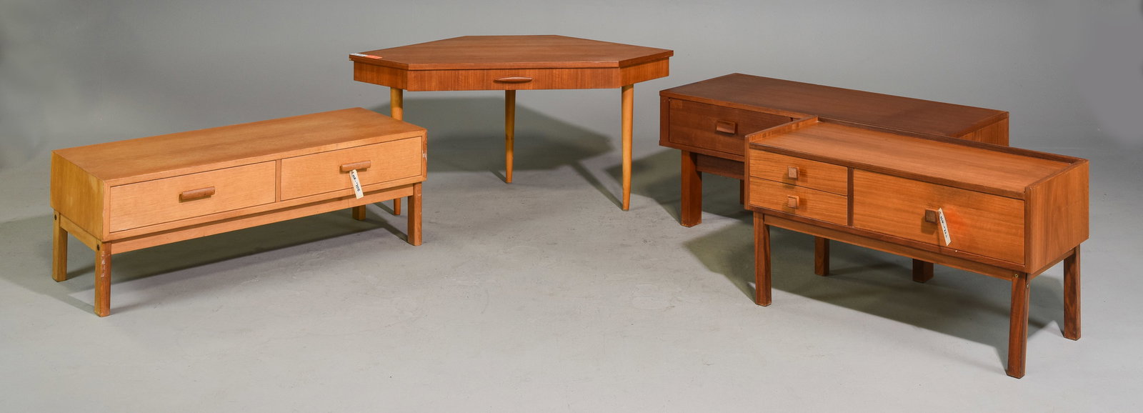 4 Assorted Mid Century Modern Occasional Tables: 4 Assorted Mid Century Modern Occasional Tables - 15 in tall x 39.5 x 17.5, 21 in tall x 44 x 24, 17 in tall x 39.5 x 18.5 and 18 in tall x 31.5 x 16