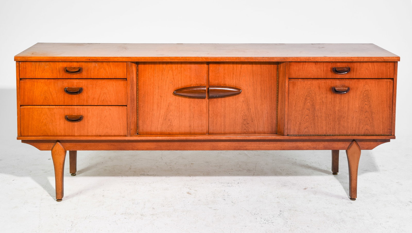 Mid Century Modern Teak Sideboard / Credenza: Danish Modern Style Teak Sideboard / Credenza attributed to Beautility - 30.75 in tall x 77.75 x 16.75