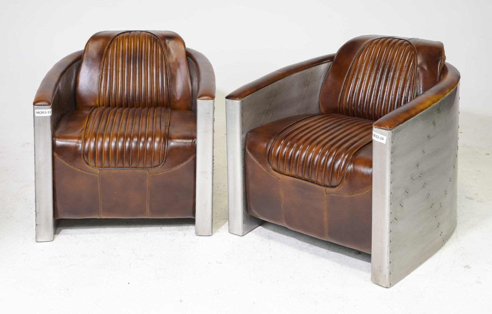 2 Aviator / Spitfire / Blackhawk Style Club Chairs #1: Pair of Aviator / Spitfire / Blackhawk / Tomcat Industrial Style Aluminum Lounge / Club Chairs - similar to the Restoration Hardware / Timothy Oulton Furniture - 27.5 in tall x 28 x 33.5 - Seat height