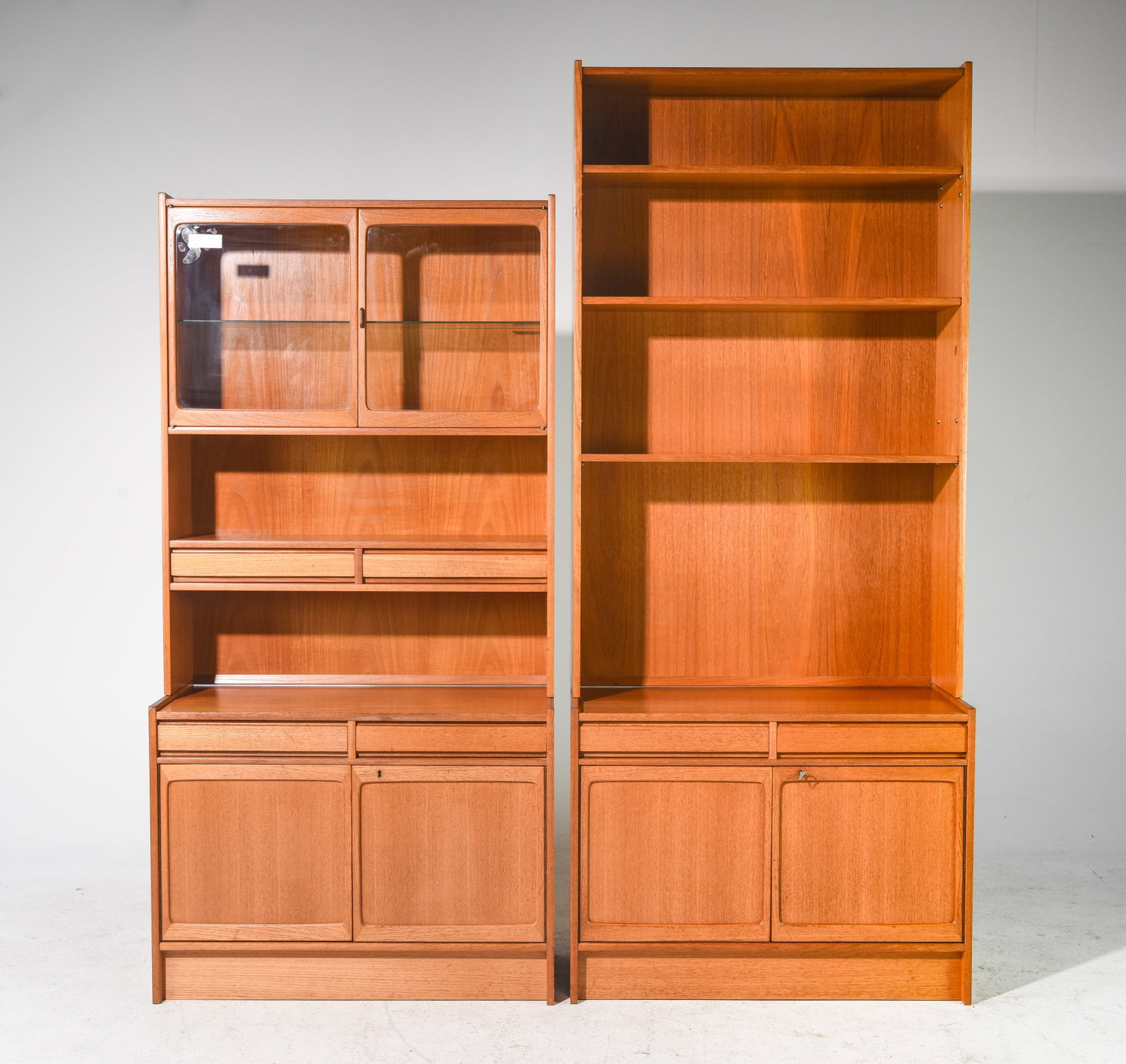 2 Mid Century Modern Wall Units / Bookcases: 2 Danish Modern Style Wall Units / Bookcases - 71.75 in tall x 35.5 x 15.75 and 83.5 in tall x 35.5 x 15.75 - These will break down for easier transport