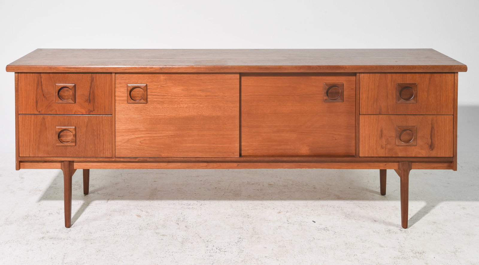 Mid Century Modern Sliding Door Credenza: Danish Modern Style Sliding Door Credenza / Sideboard with Square Pulls - 29 in tall x 78 x 18