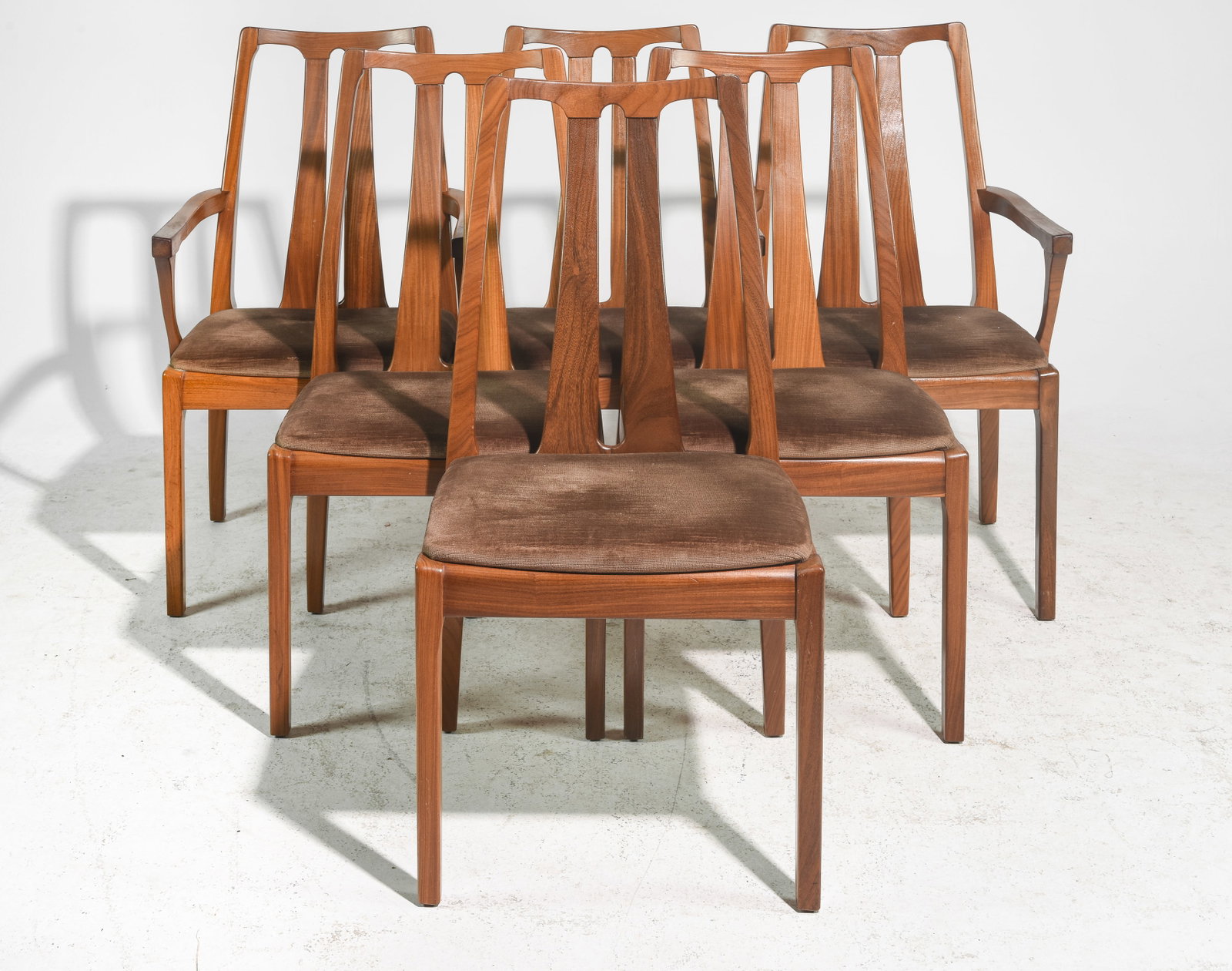 6 Mid Century High Back Dining Chairs By Nathan: This set of 6 Danish Modern Style Teak Dining chairs is made by Mid Century Modern Furniture Maker Nathan. - 38 in tall x 21 x 20, Seat height is 18 inches