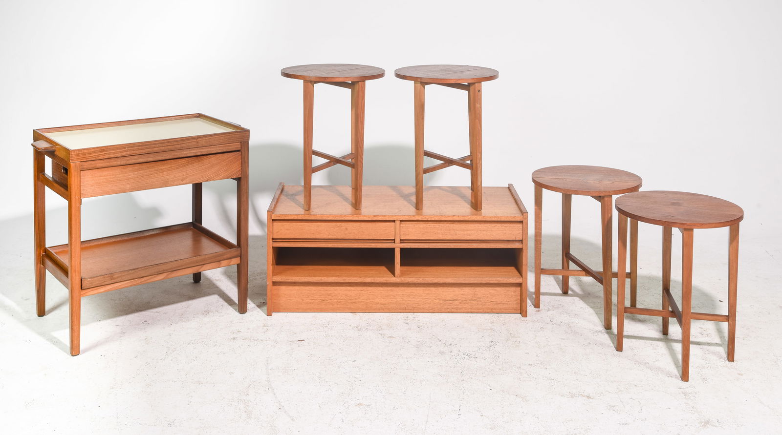 Mid Century Modern Table, 4 Tables & 1 Stand: Danish Modern Style Table (use to be a trolley) with Removable Tray, 4 Small Round Foldable Tables & 1 Stand - Trolley is 15 in tall x 35.5 x 15.5