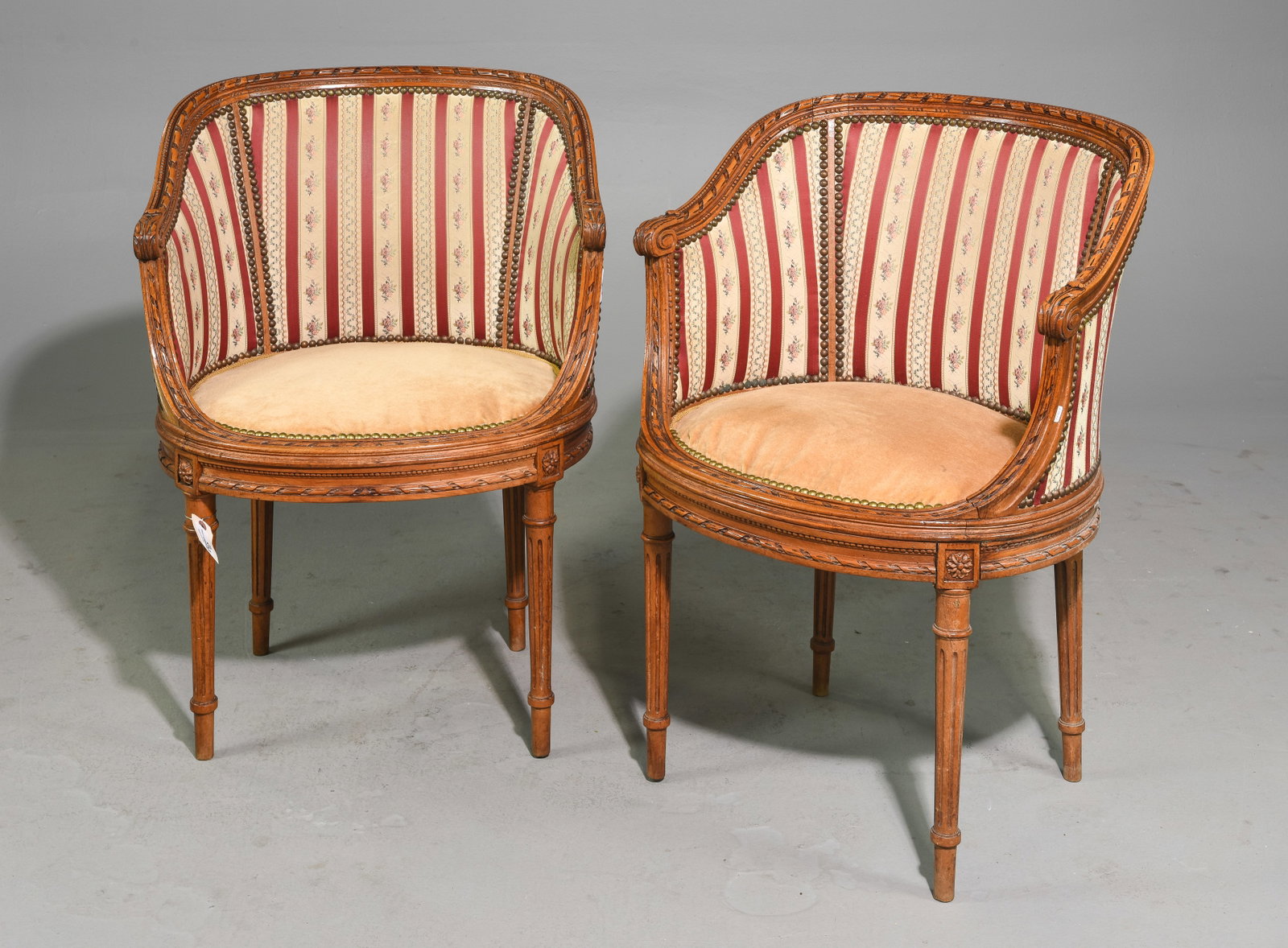 French Pair of Louis XVI Style Bergere Chairs: French Pair of Louis XVI Style Bergere Chairs - 33 in tall x 24 x 23, Seat height is 19 inches