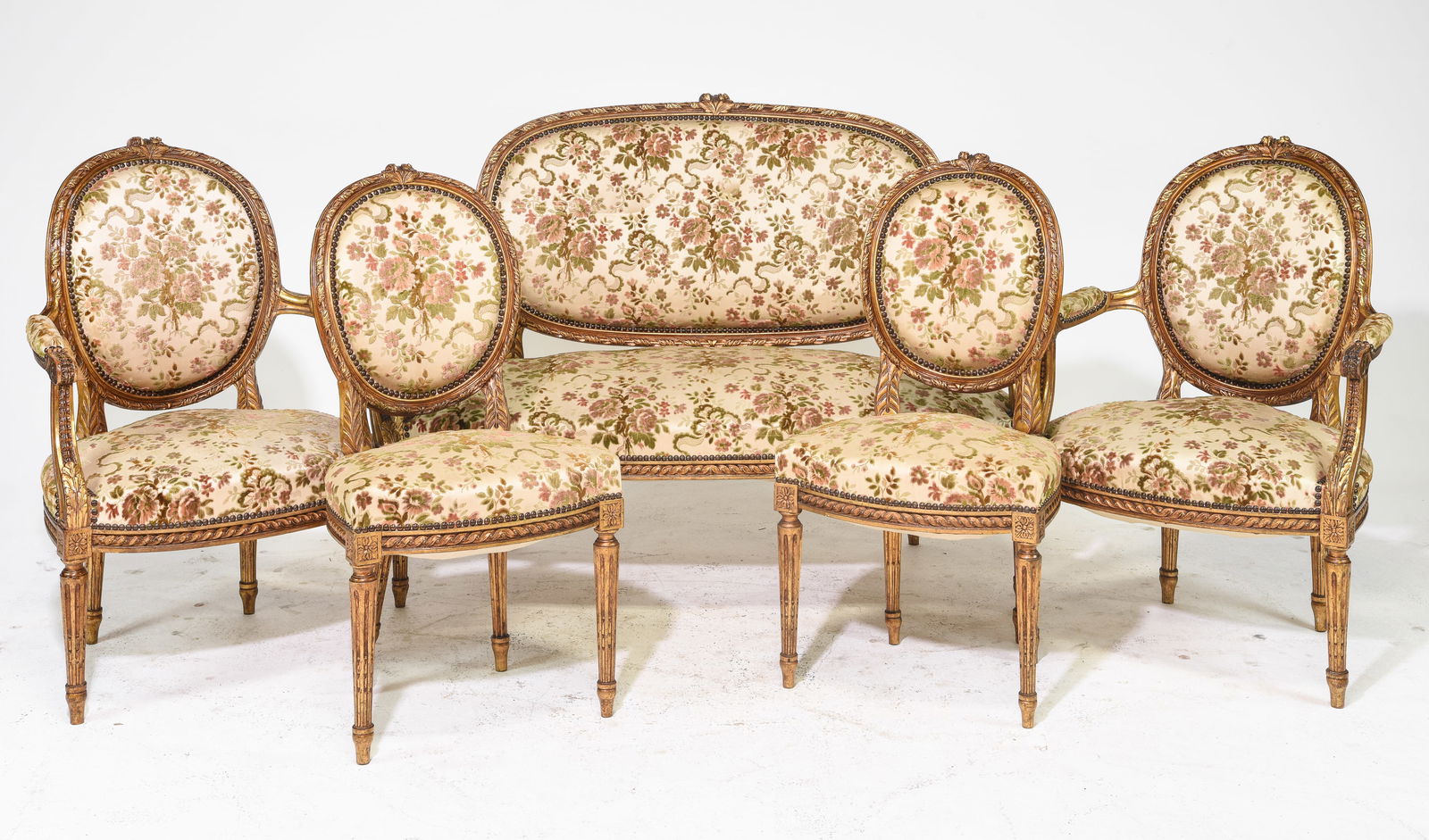 Louis XVI Style Gilded Salon Suite - Settee & 4 Chairs (1 of 8)