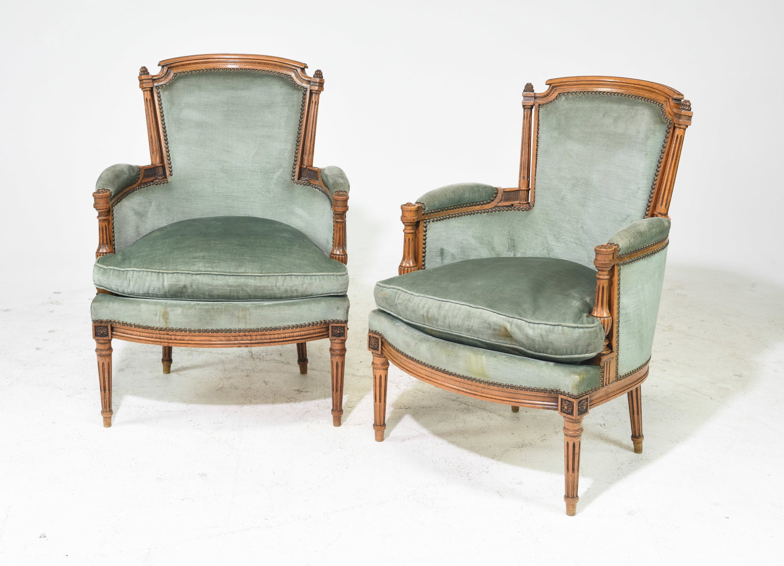 French Pair of Louis XVI Style Bergere Chairs: French Pair of Louis XVI Style Bergere Arm Chairs c.1920's-30's - 34.5 in tall x 25 x 26, Seat height is 18 inches