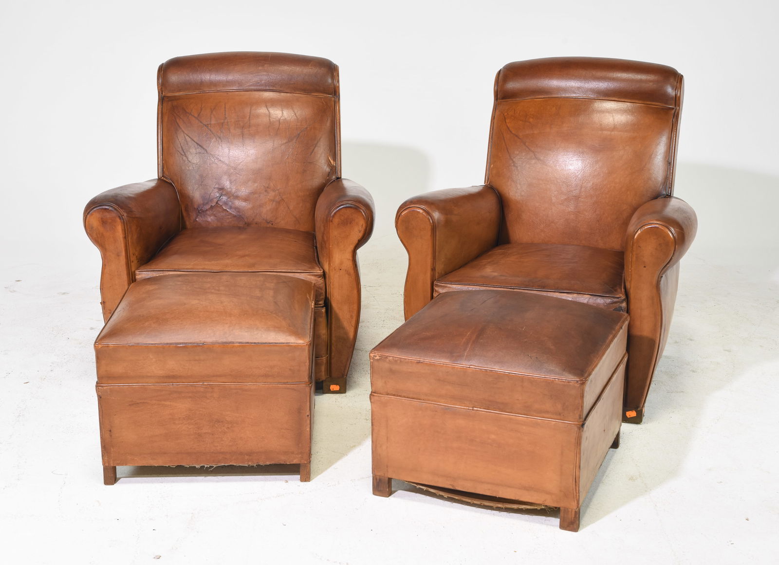 French Pair of Brown Leather Club Chairs & Foot Stools (1 of 7)