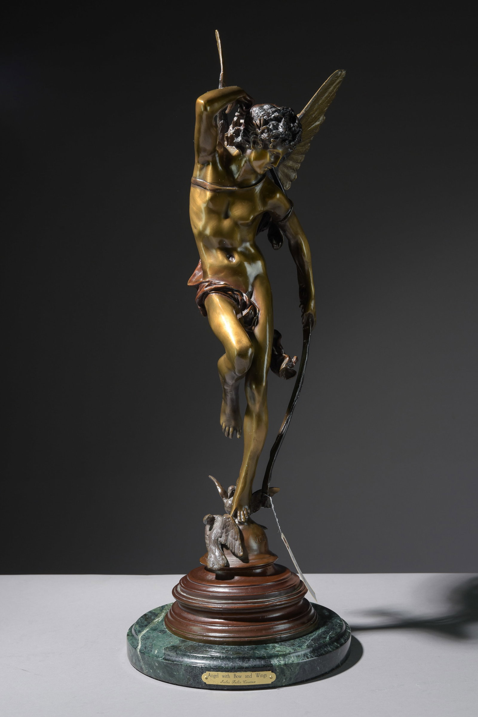 J. Coutan Bronze Angel with Bow on Marble Base: J. Coutan Bronze Angel with Bow on Marble Base - 27 in tall x 10 x 10